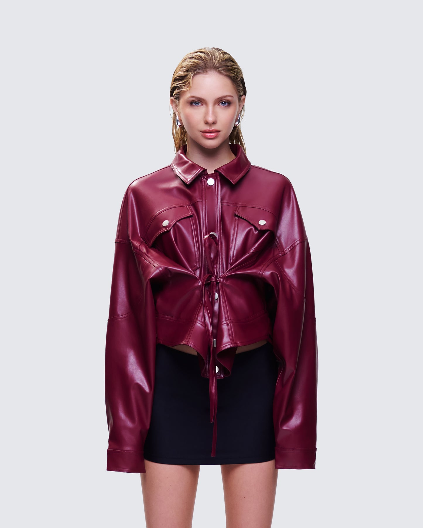 Zui Maroon Vegan Leather Oversized Cropped Jacket