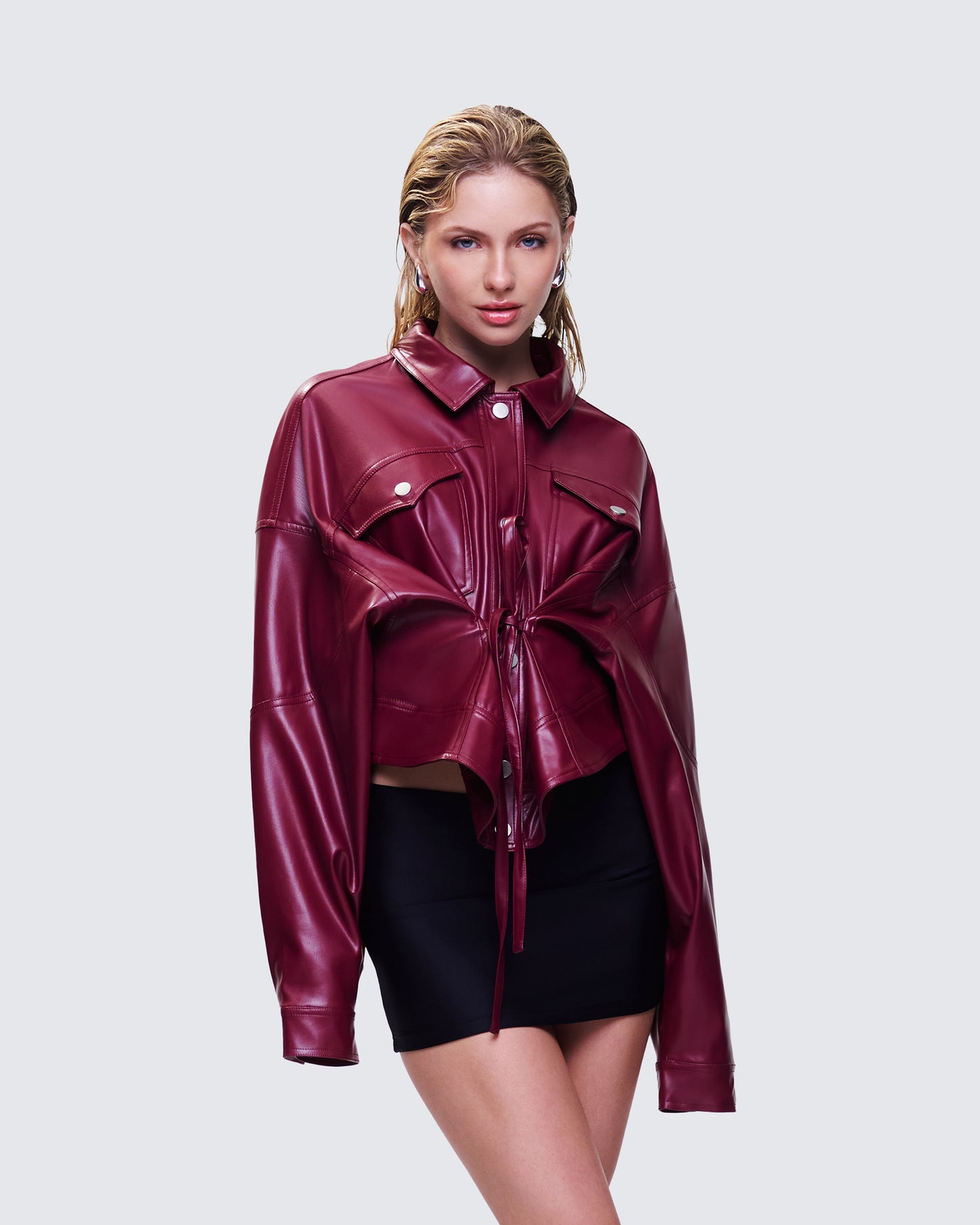 Zui Maroon Vegan Leather Oversized Cropped Jacket