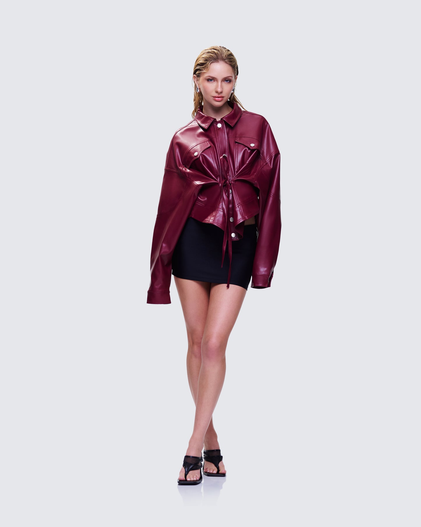 Zui Maroon Vegan Leather Oversized Cropped Jacket
