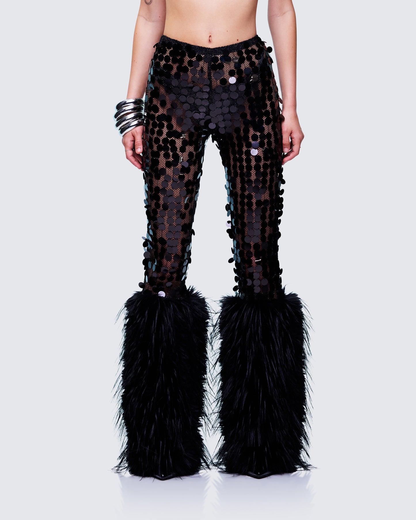 Zumi Black Fishnet Sequin Pants model front