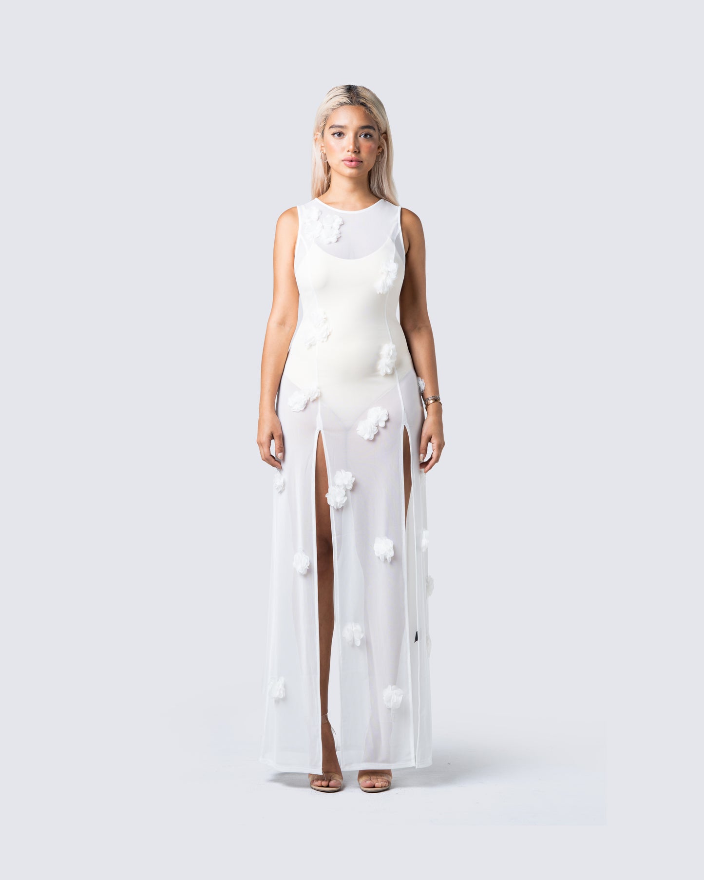 Regina White Floral Maxi Dress model front