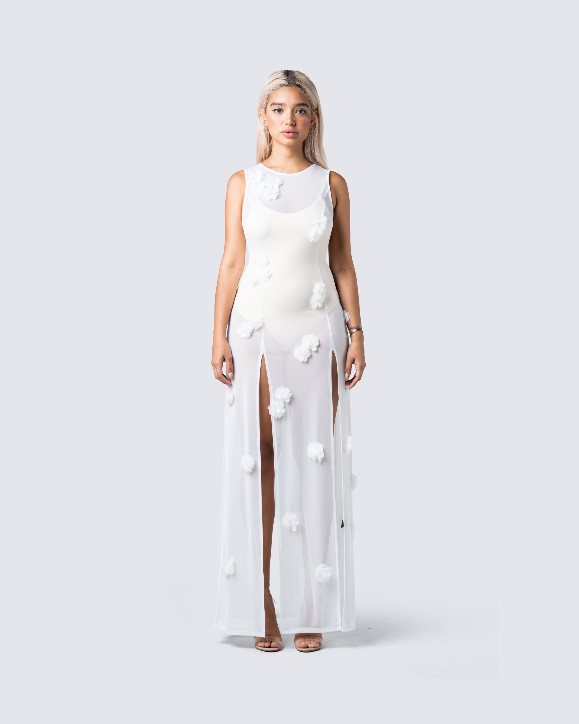 Regina White Floral Maxi Dress model front