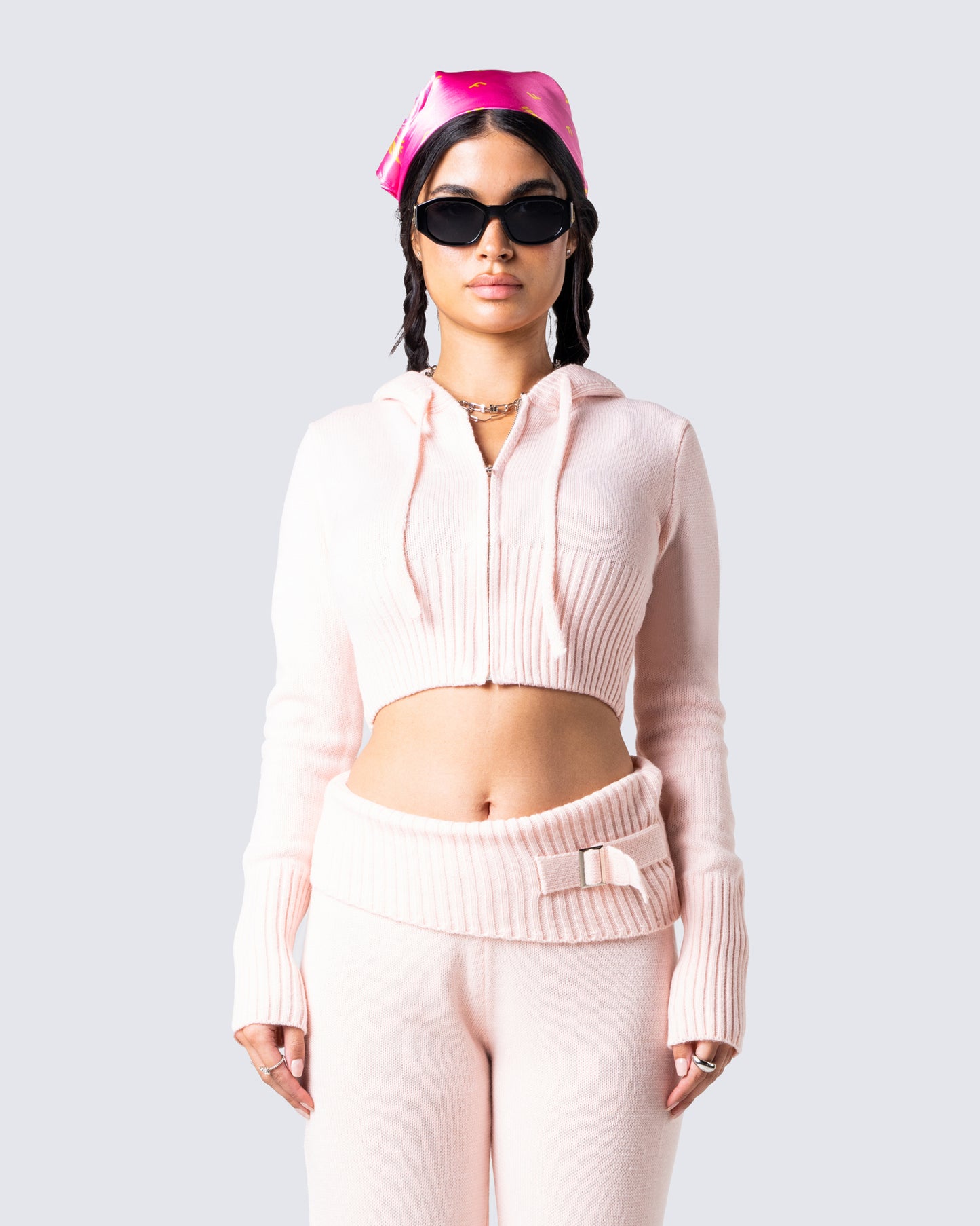 Alyssa Pink Knit Cropped Jacket model front