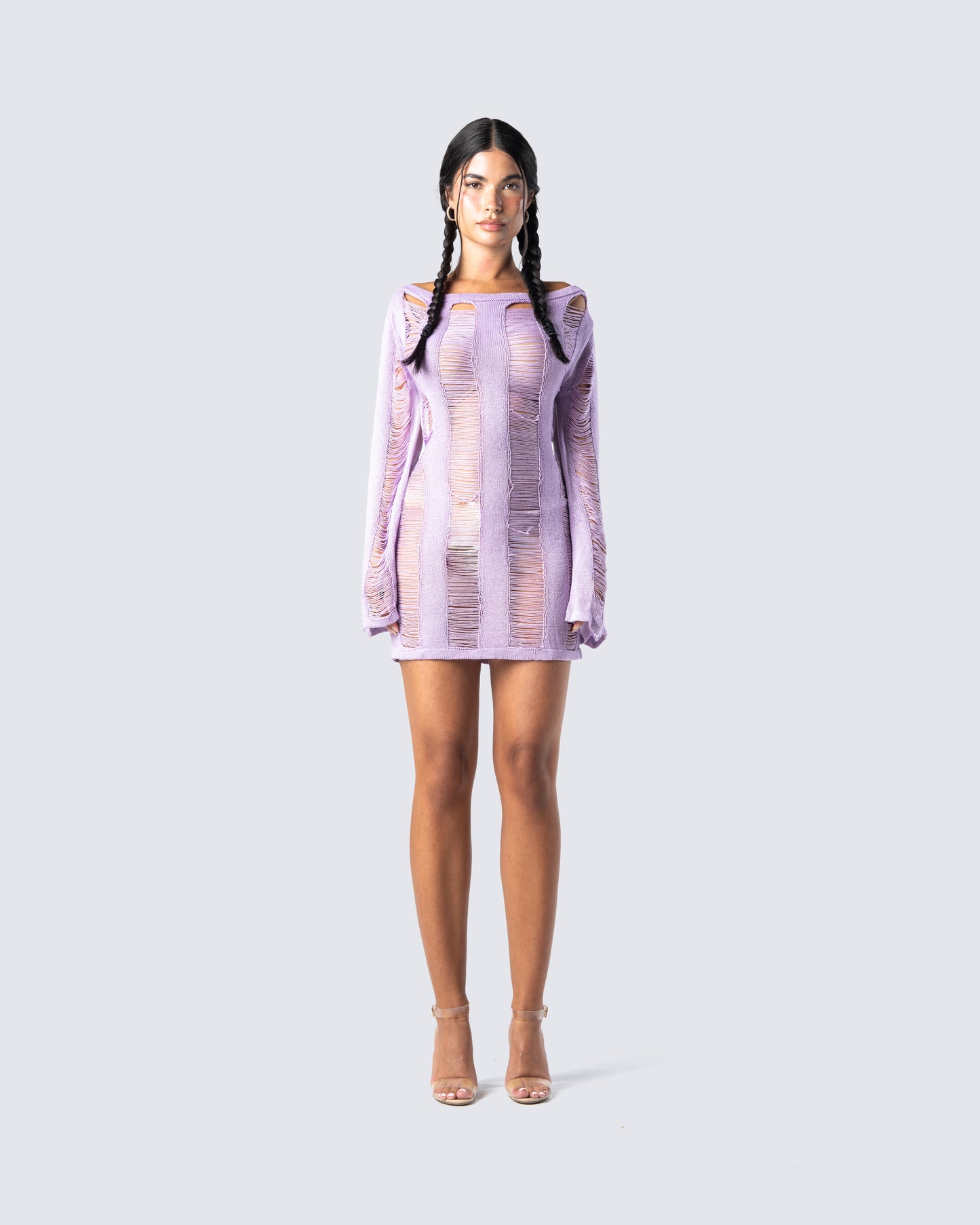 Mindy Lavender Mini Dress model front