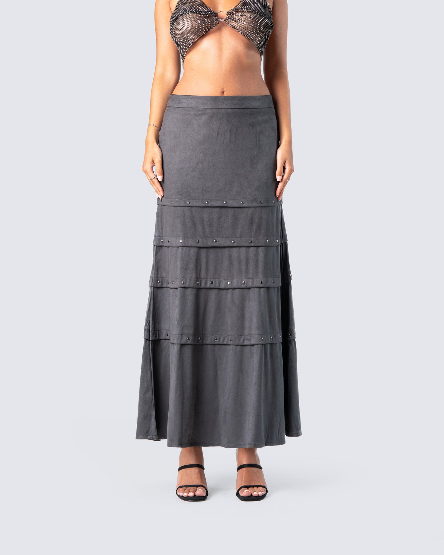 Ravi Grey Vegan Suede Maxi Skirt model front