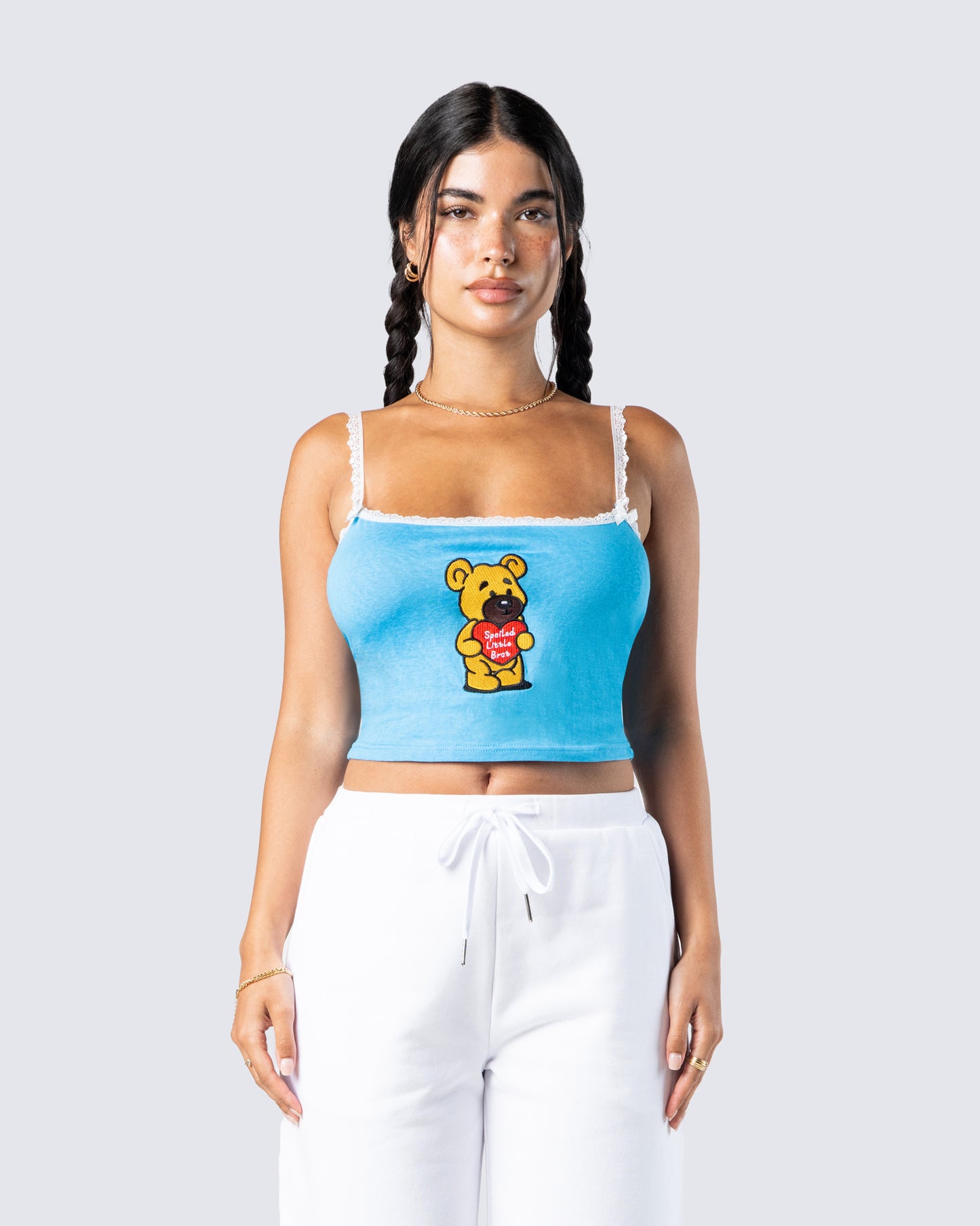 Shannon Blue Embroidered Knit Top model front