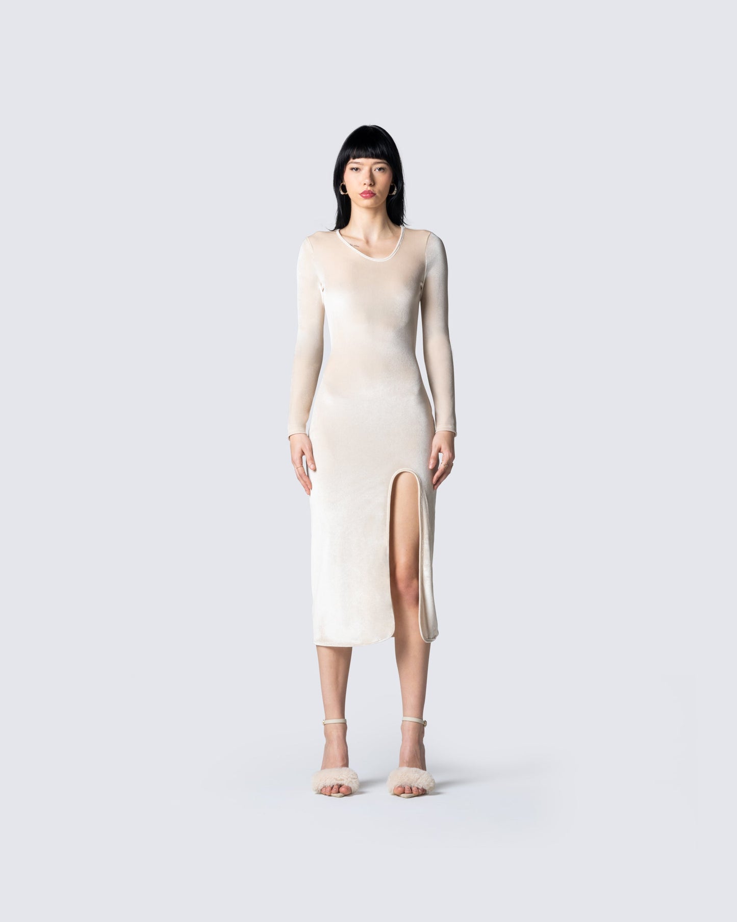 Ari Ivory Velvet Midi Dress model front