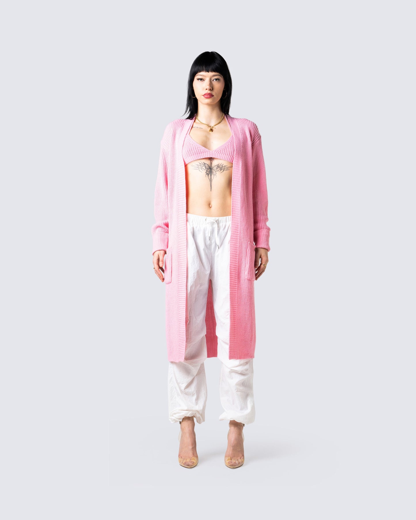 Lumi Pink Knit Cardigan model front