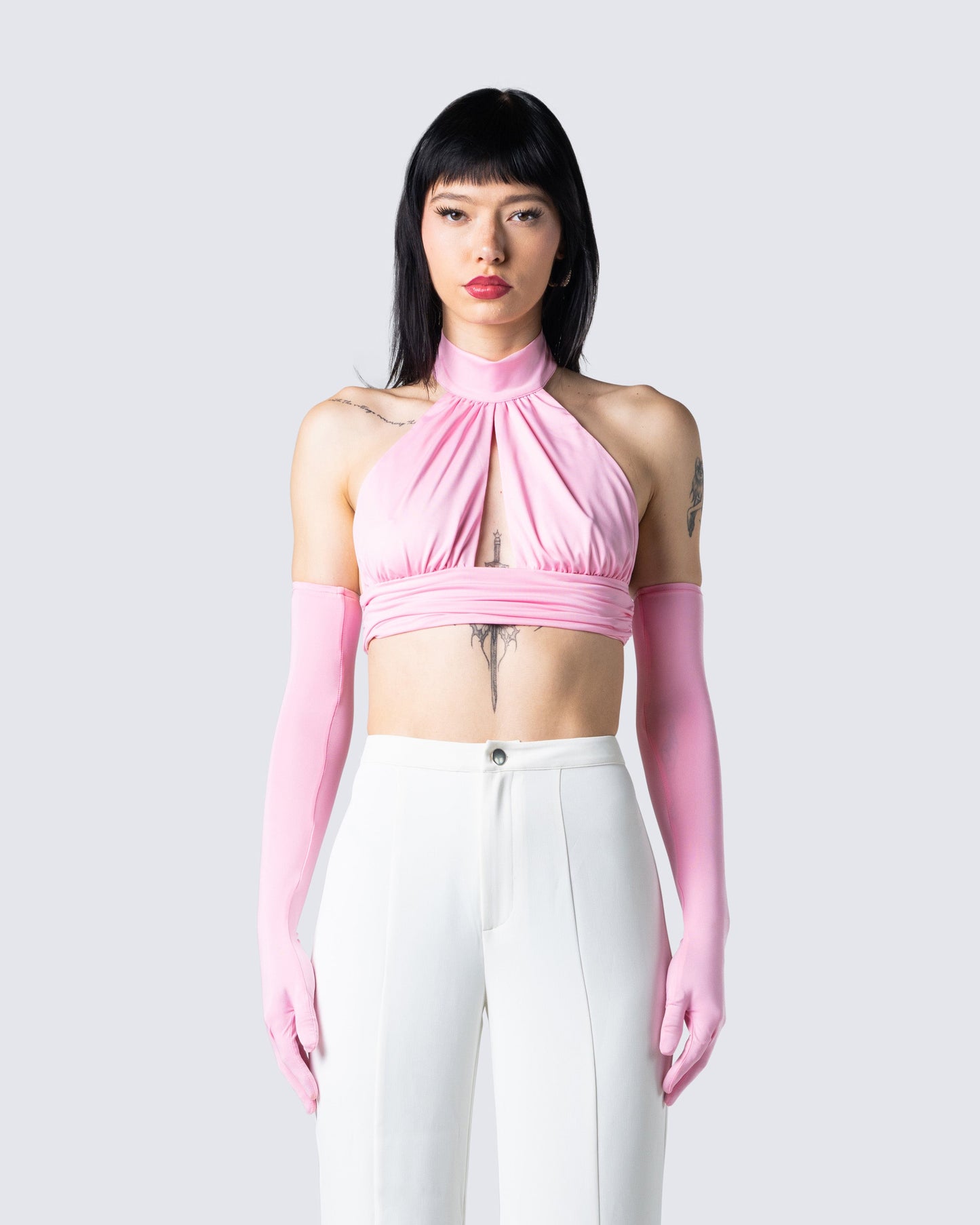 Emmy Pink Halter Crop Top model front