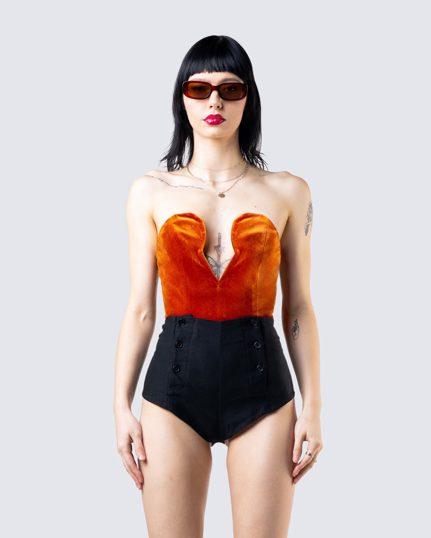 Rae Orange Velvet Strapless Top model front
