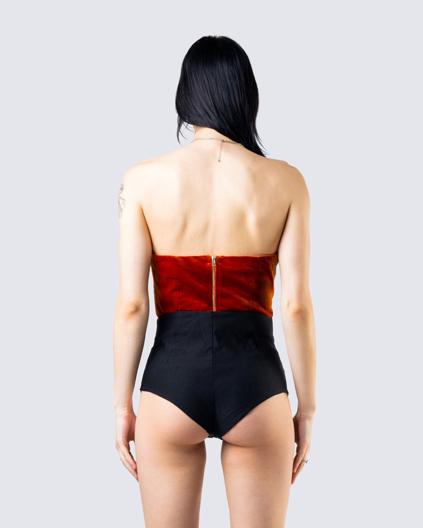 Rae Orange Velvet Strapless Top