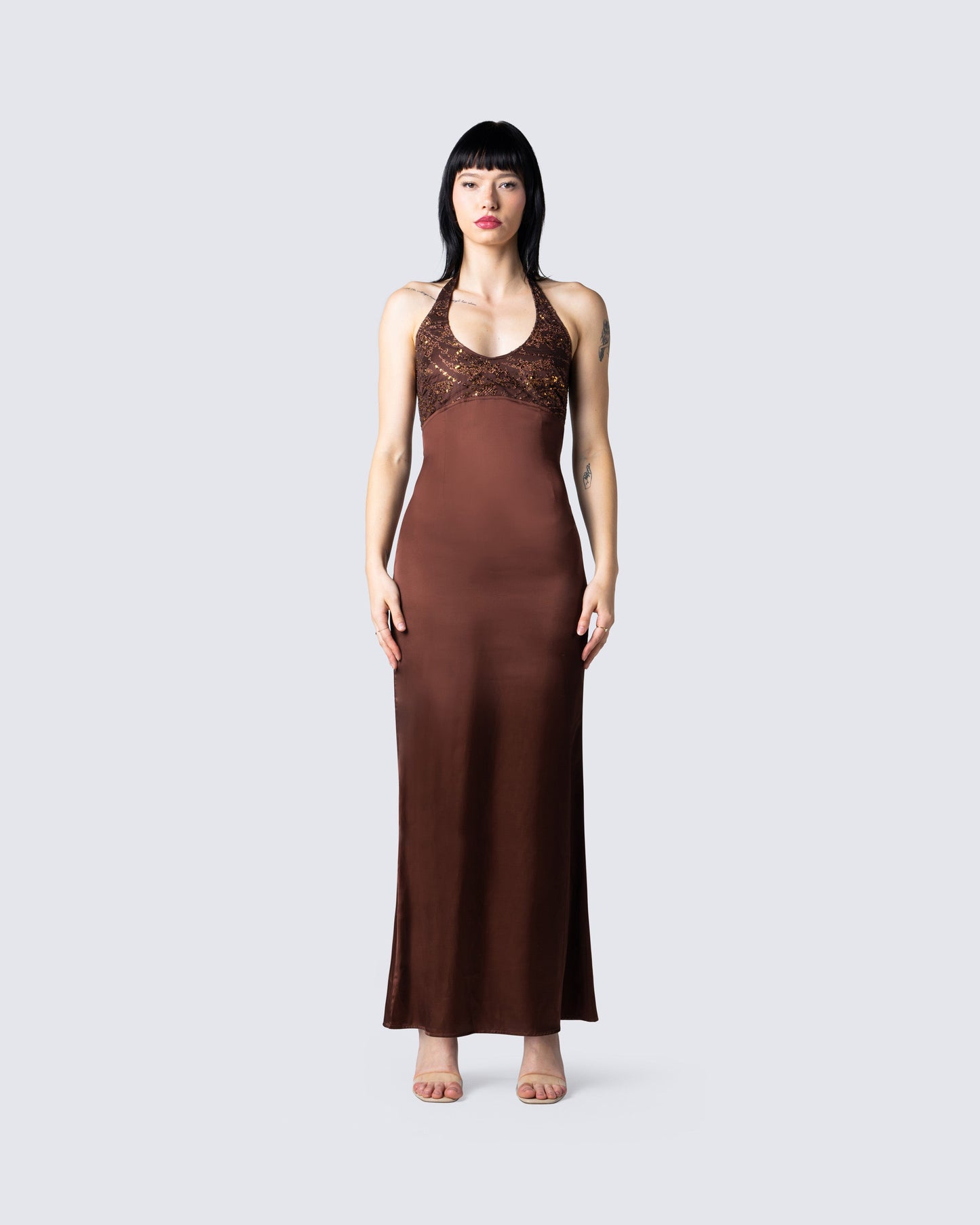 Leana Brown Halter Dress model front