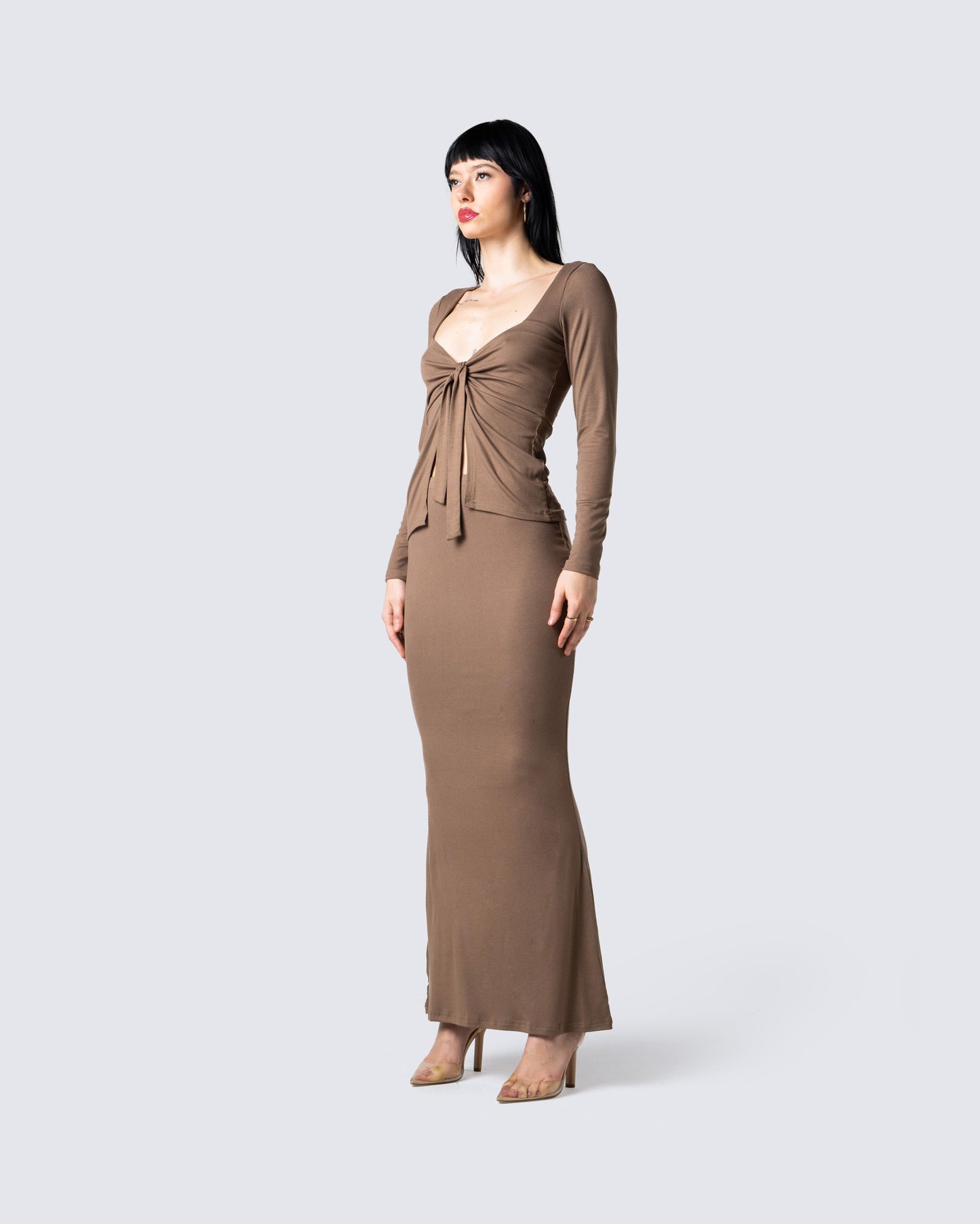 Abra Taupe Tie Front Top