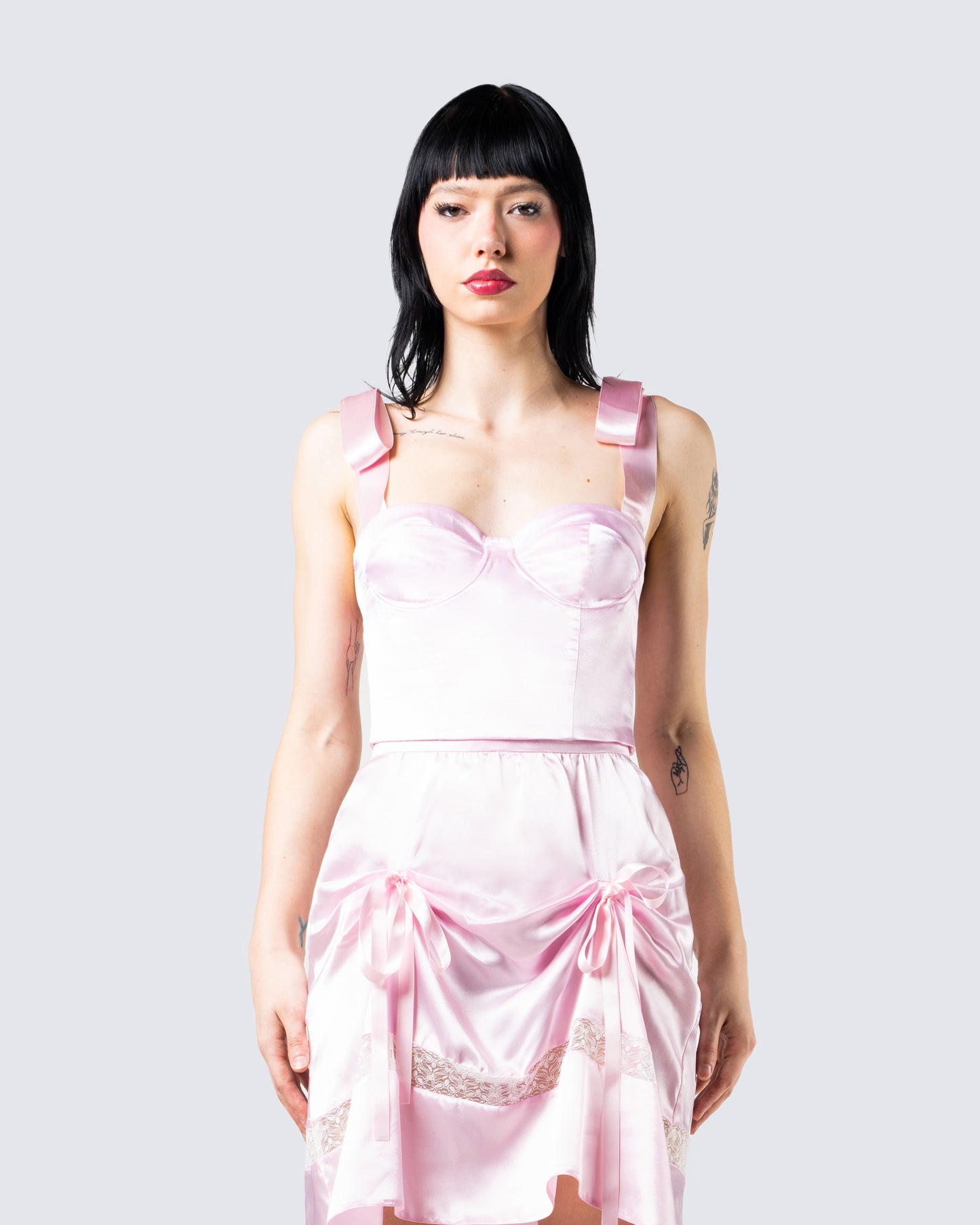 Edith Pink Satin Corset Top model front