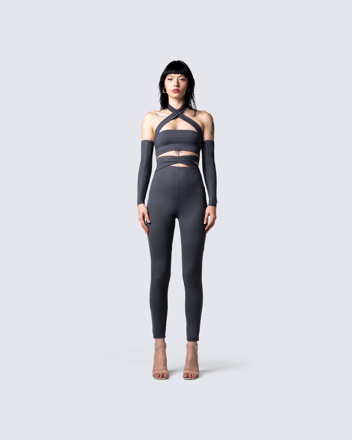 Jules Charcoal Criss Cross Legging model front
