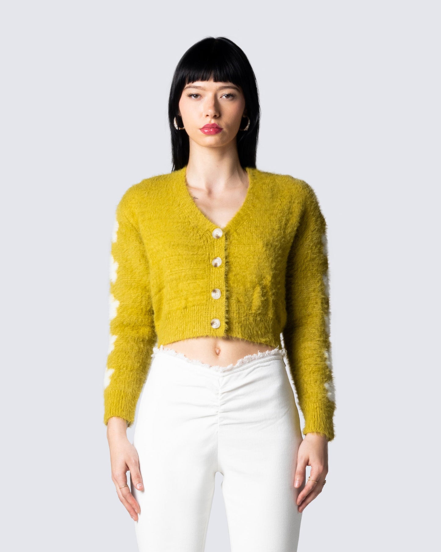 Daria Green Fuzzy Cardigan model front