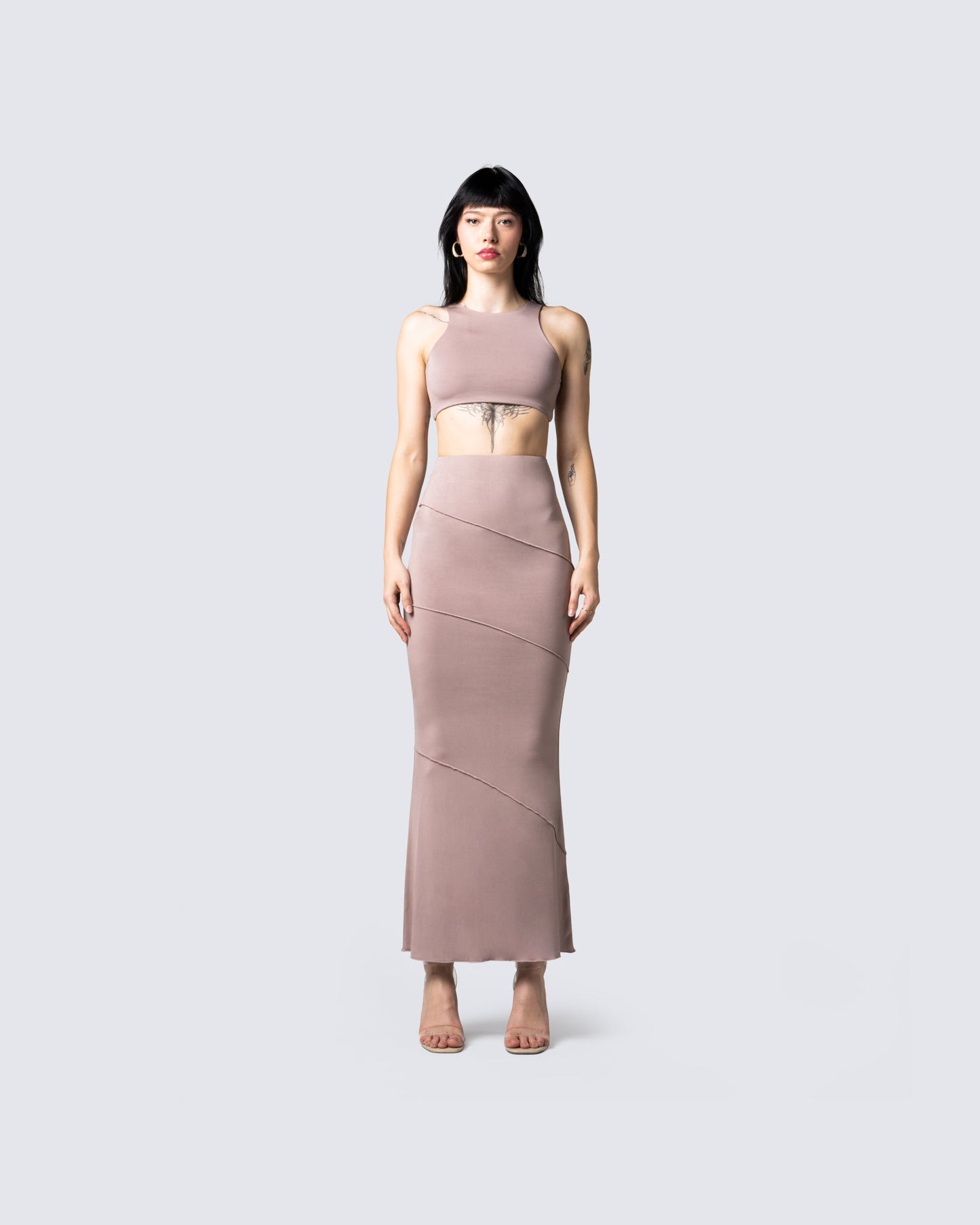 Zoe Taupe Cropped Top model front