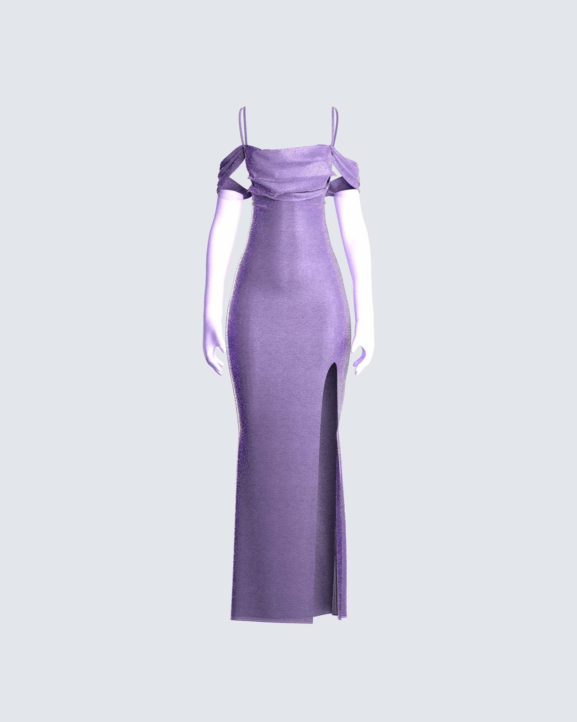 Purple Metallic Maxi Dress - Off Shoulder Evening Gown FINESSE Purple Metallic Maxi Dress - Off Shoulder Evening Gown FINESSE