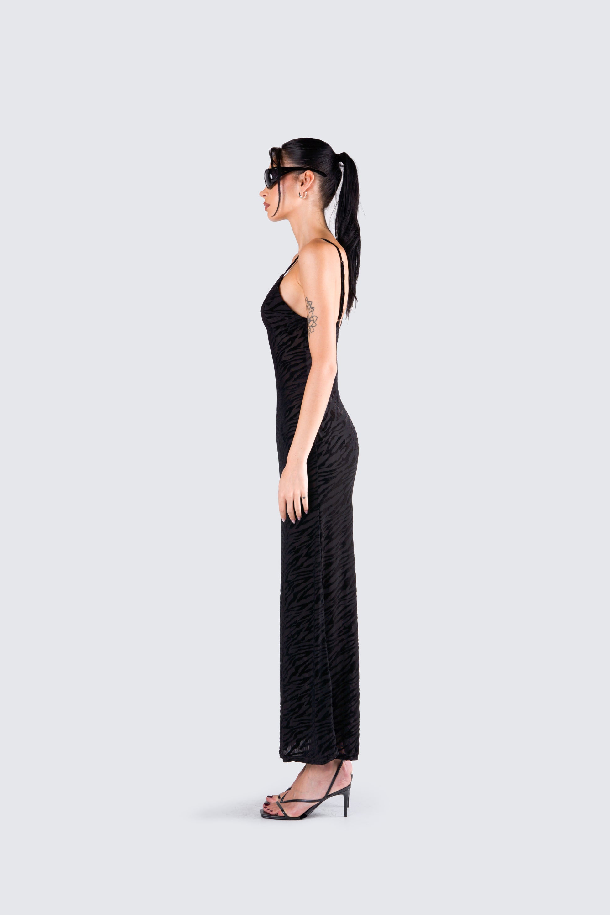 black zebra print mesh dress boohoo Women's Tie Strap Zebra Frill Mesh Maxi Dress - Black