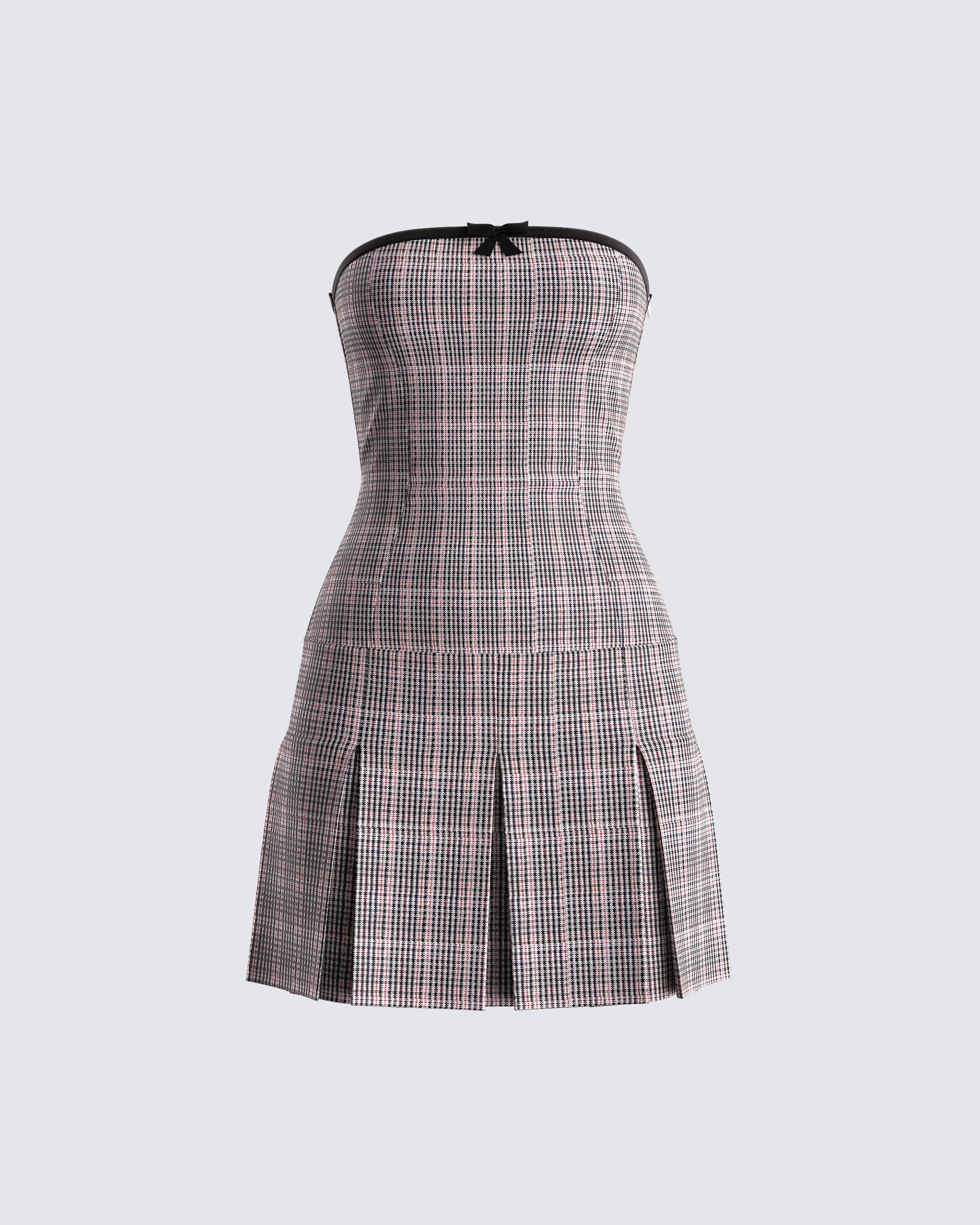Brown Houndstooth Strapless Mini Dress - Pleated A-Line FINESSE Brown Houndstooth Strapless Mini Dress - Pleated A-Line FINESSE