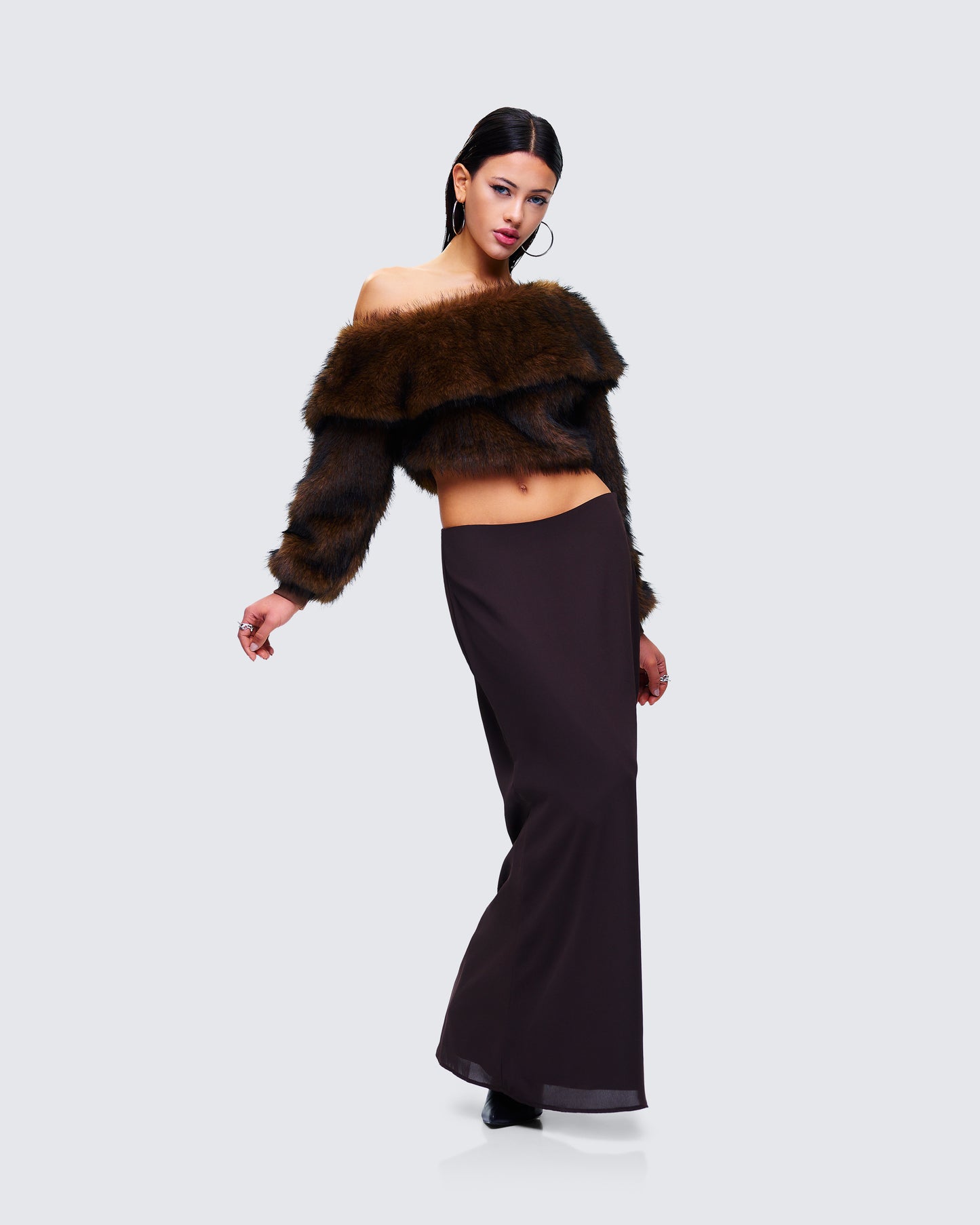 Nadi Brown Faux Fur Off Shoulder Top