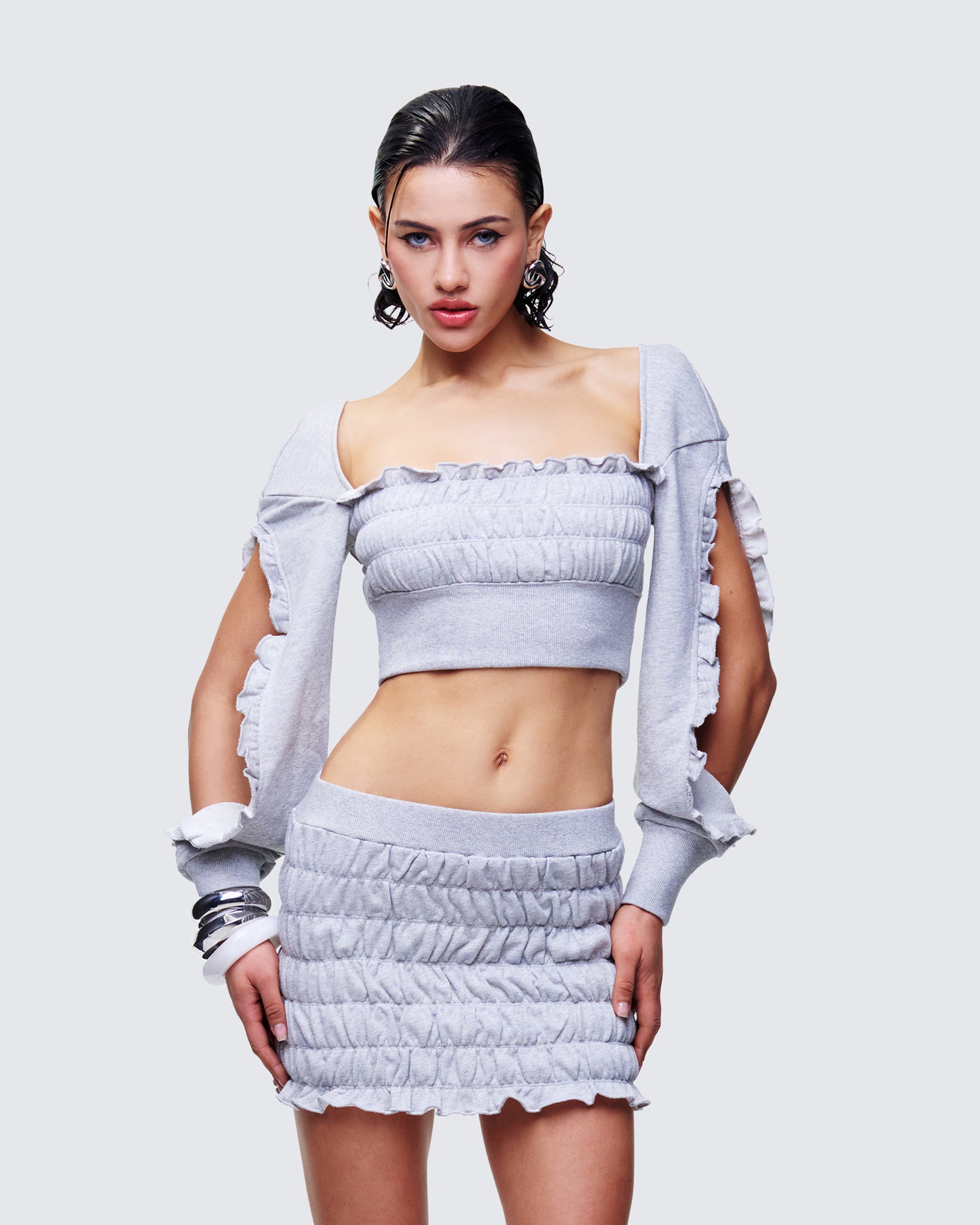 Women's grey cotton top styled on model – FINESSE
