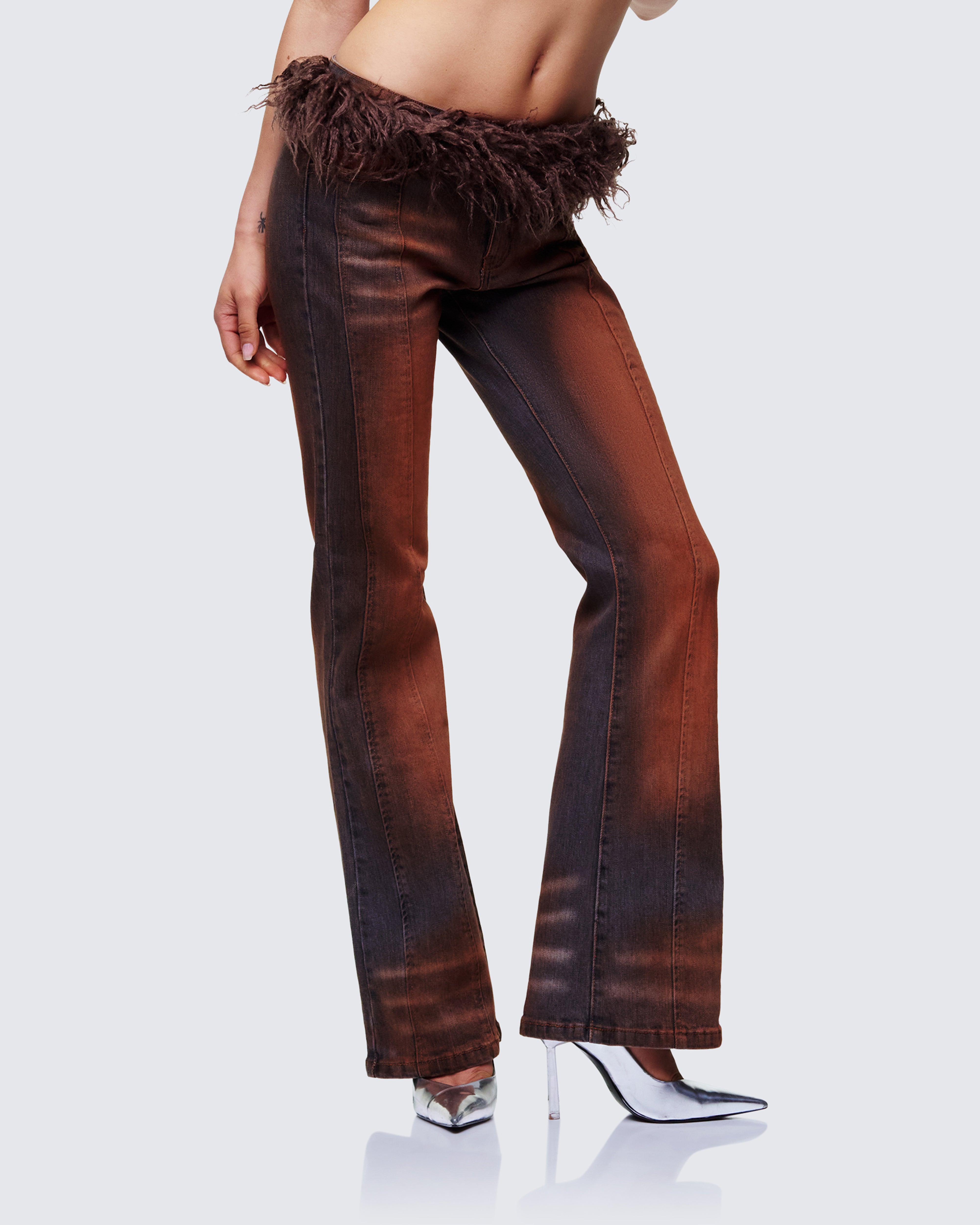 Brown Fur Trim Flare Jeans Low Rise Bootcut Denim – FINESSE