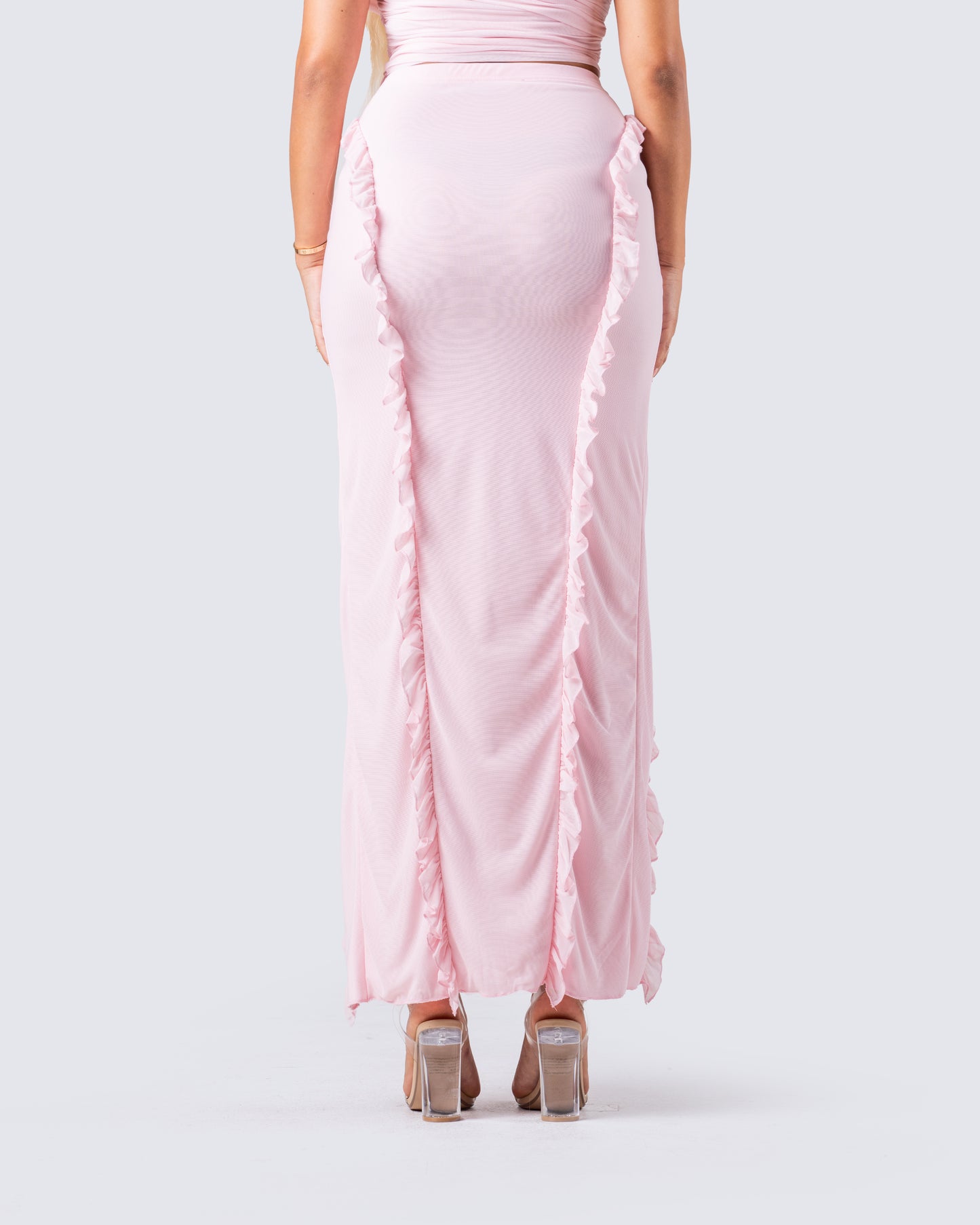 Omid Pink Ruffled Mesh Maxi Skirt