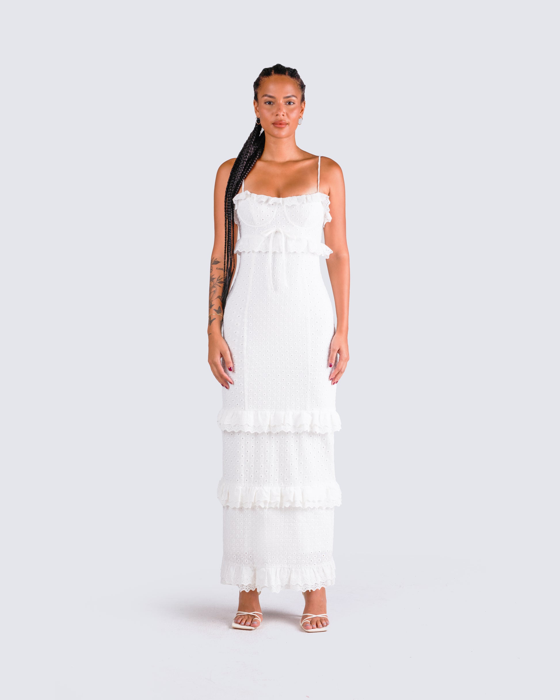 White Eyelet Maxi Dress - Tiered Ruffle Cotton FINESSE White Eyelet Maxi Dress - Tiered Ruffle Cotton FINESSE