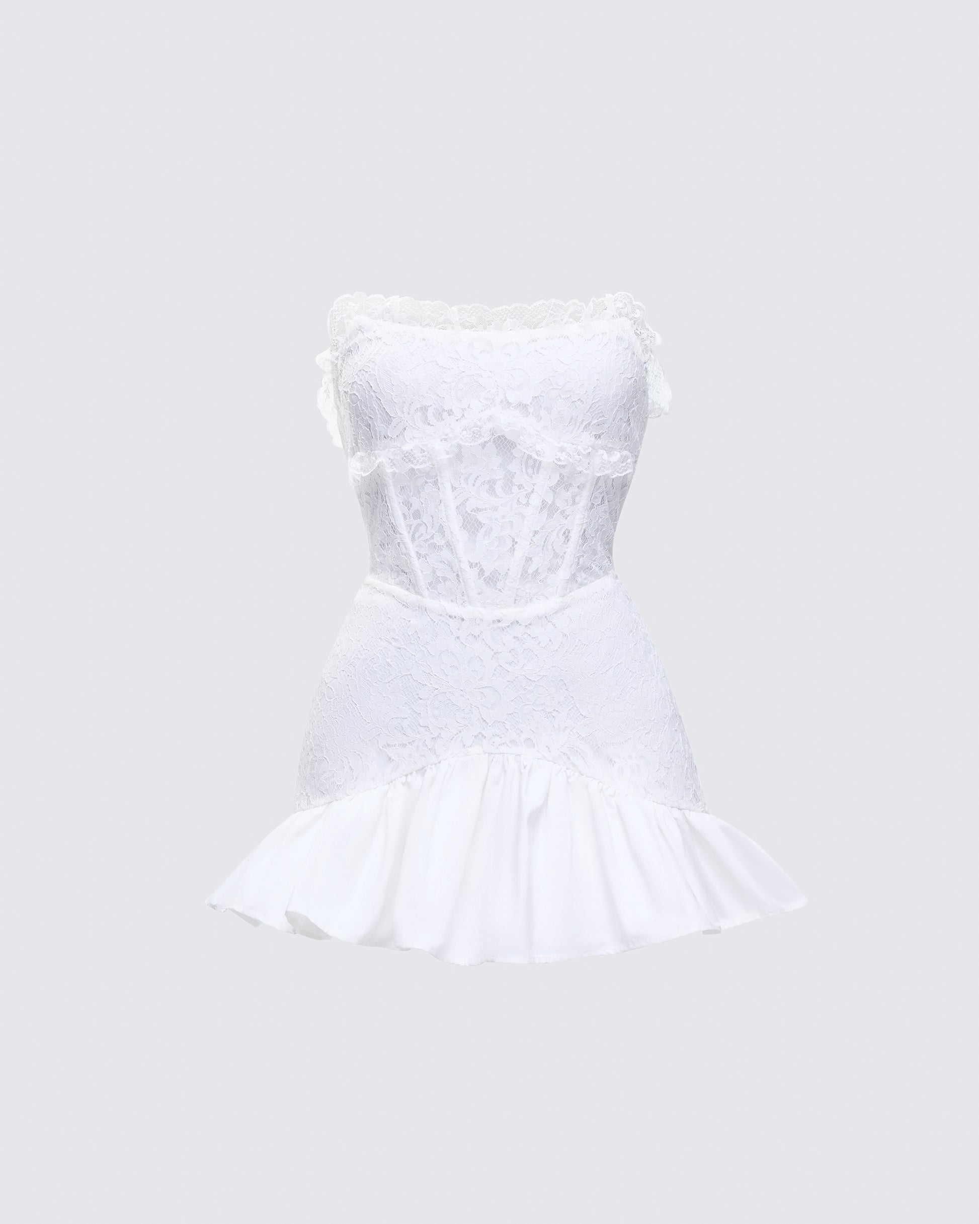 White Lace Corset Mini Dress - Strapless Ruffle Hem FINESSE White Lace Corset Mini Dress - Strapless Ruffle Hem FINESSE