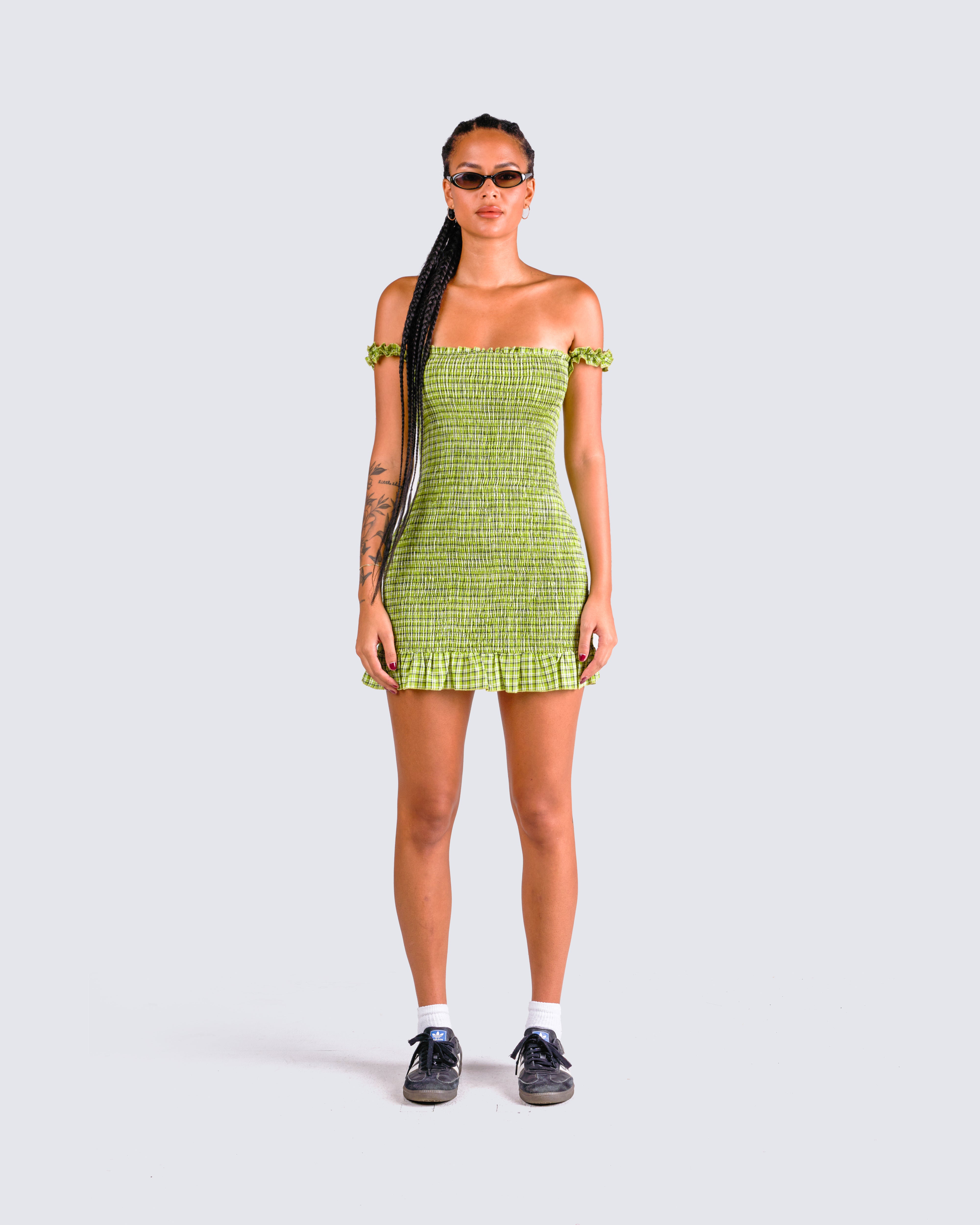 Green plaid mini clearance dress