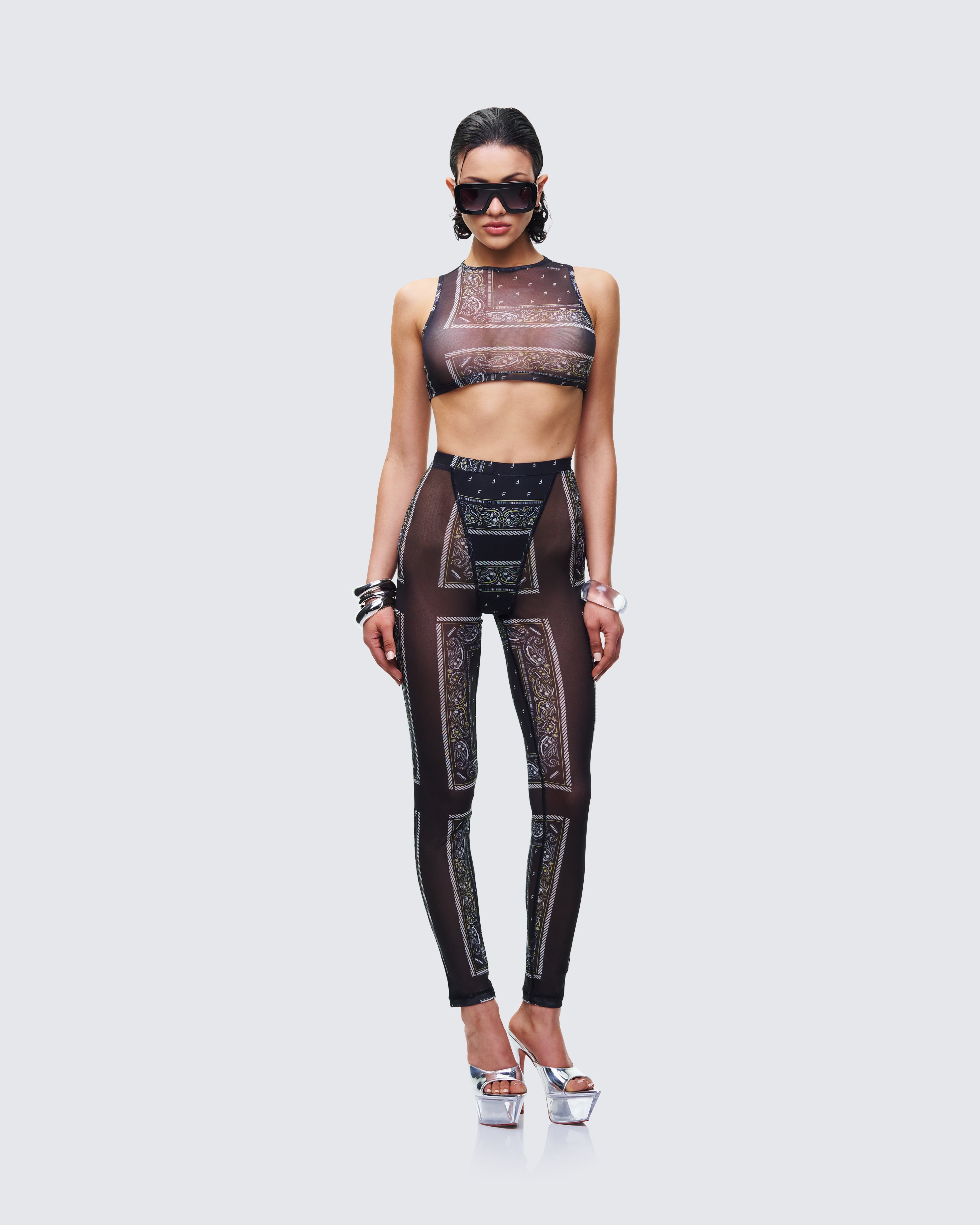 Black Bandana Print Mesh Leggings - Sheer Panel – FINESSE