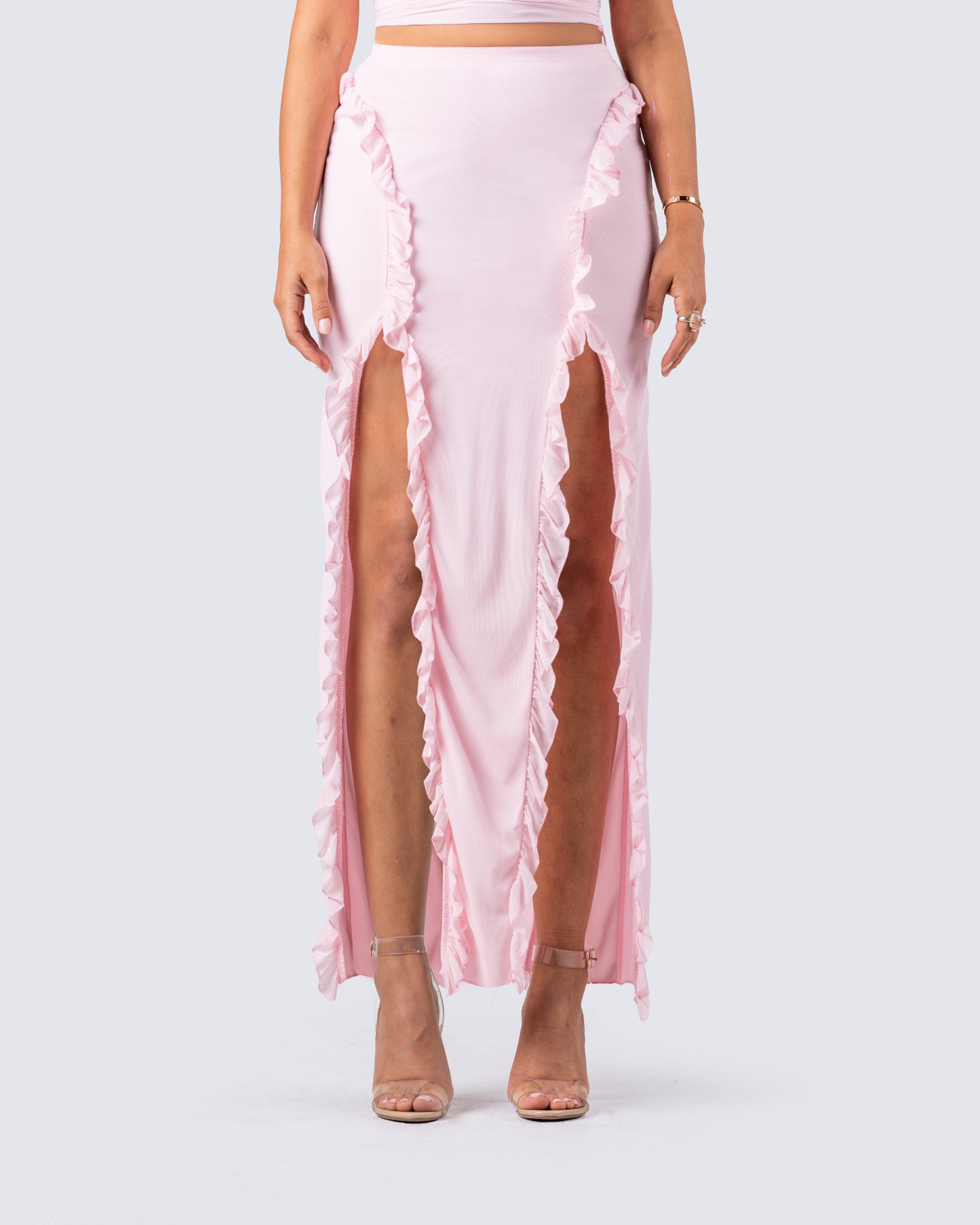 Omid Pink Ruffled Mesh Maxi Skirt