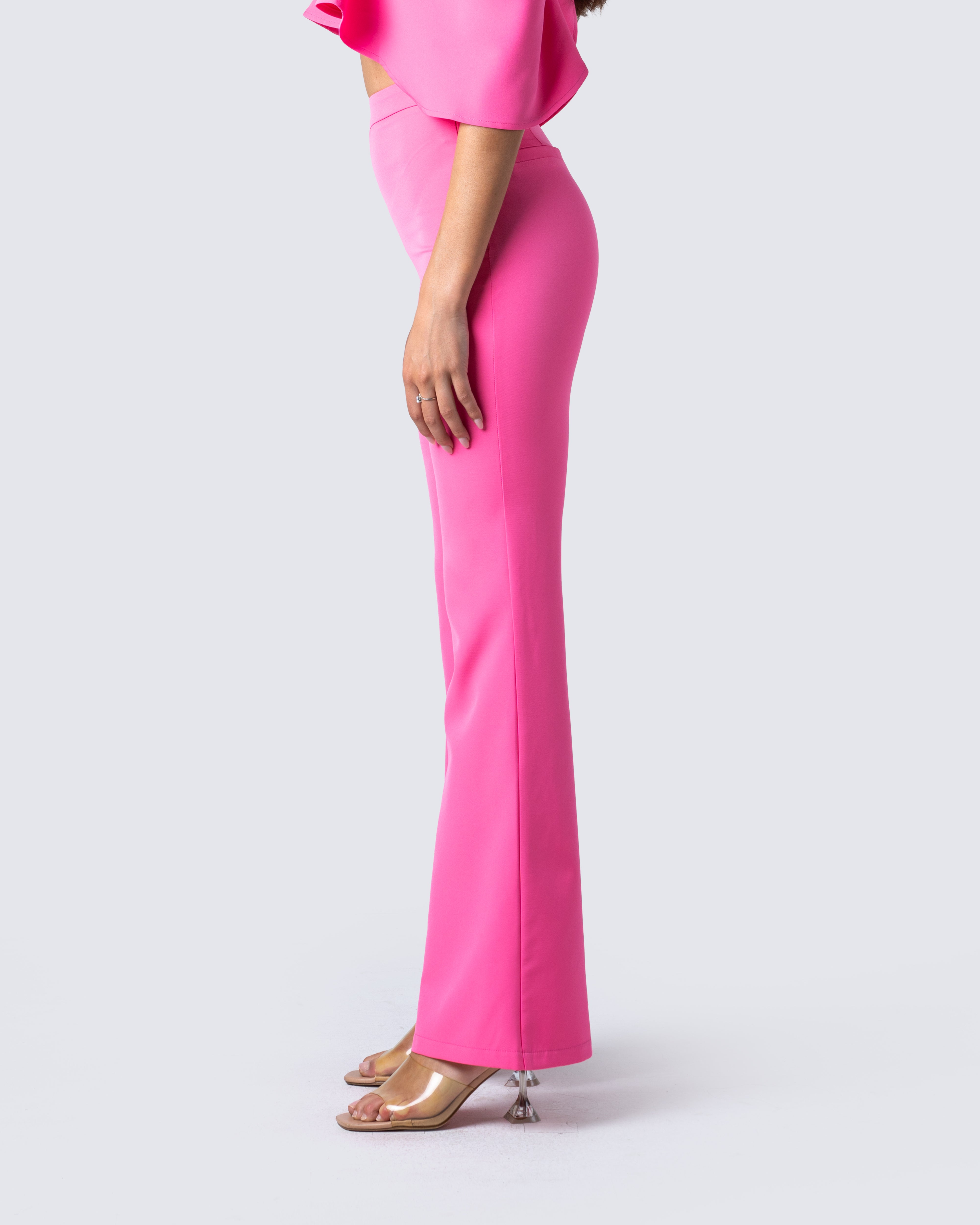 Plus Hot Pink Plisse High Waist Wide Leg Pants | PrettyLittleThing USA