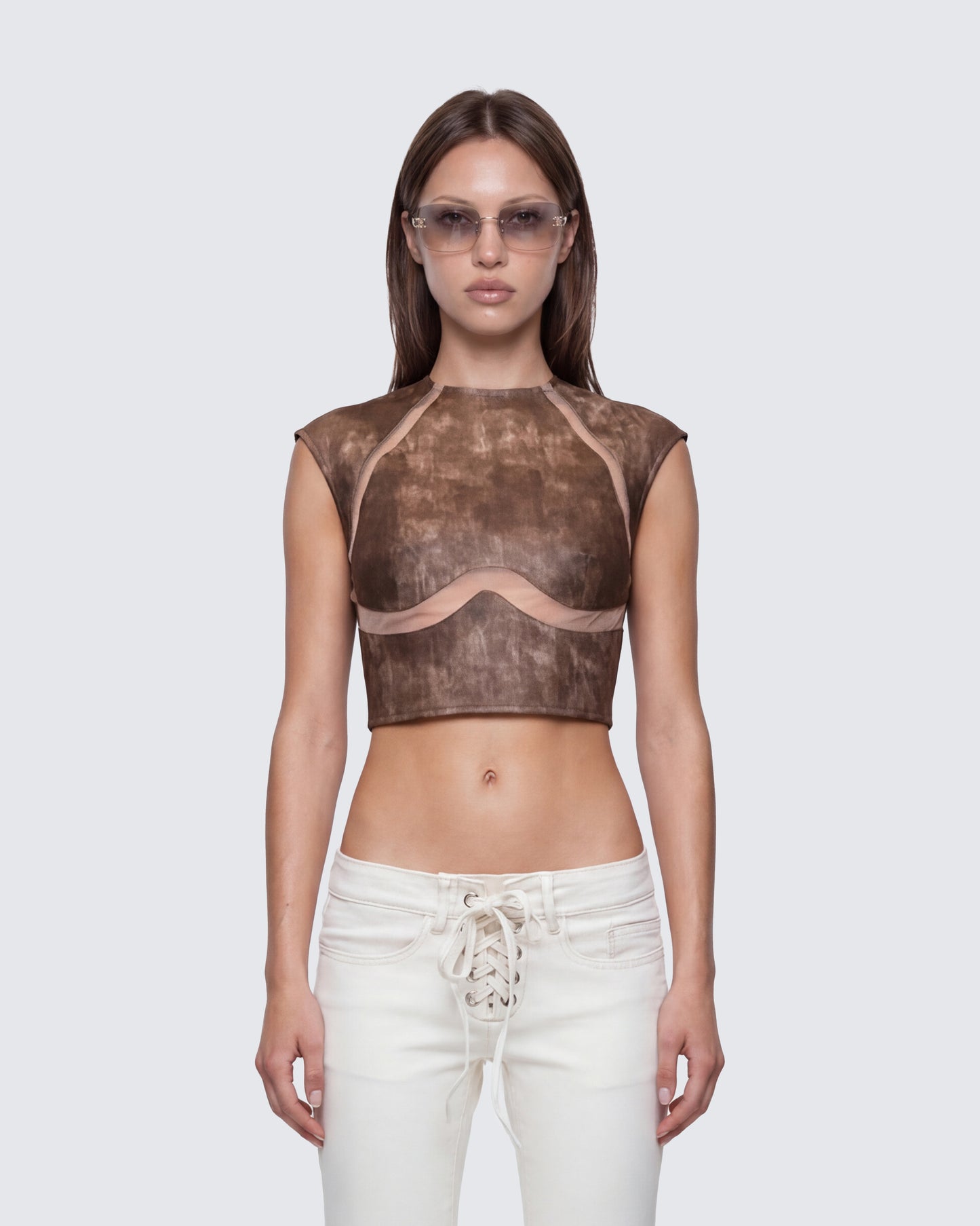 Kano Brown Vegan Leather Cutout Top