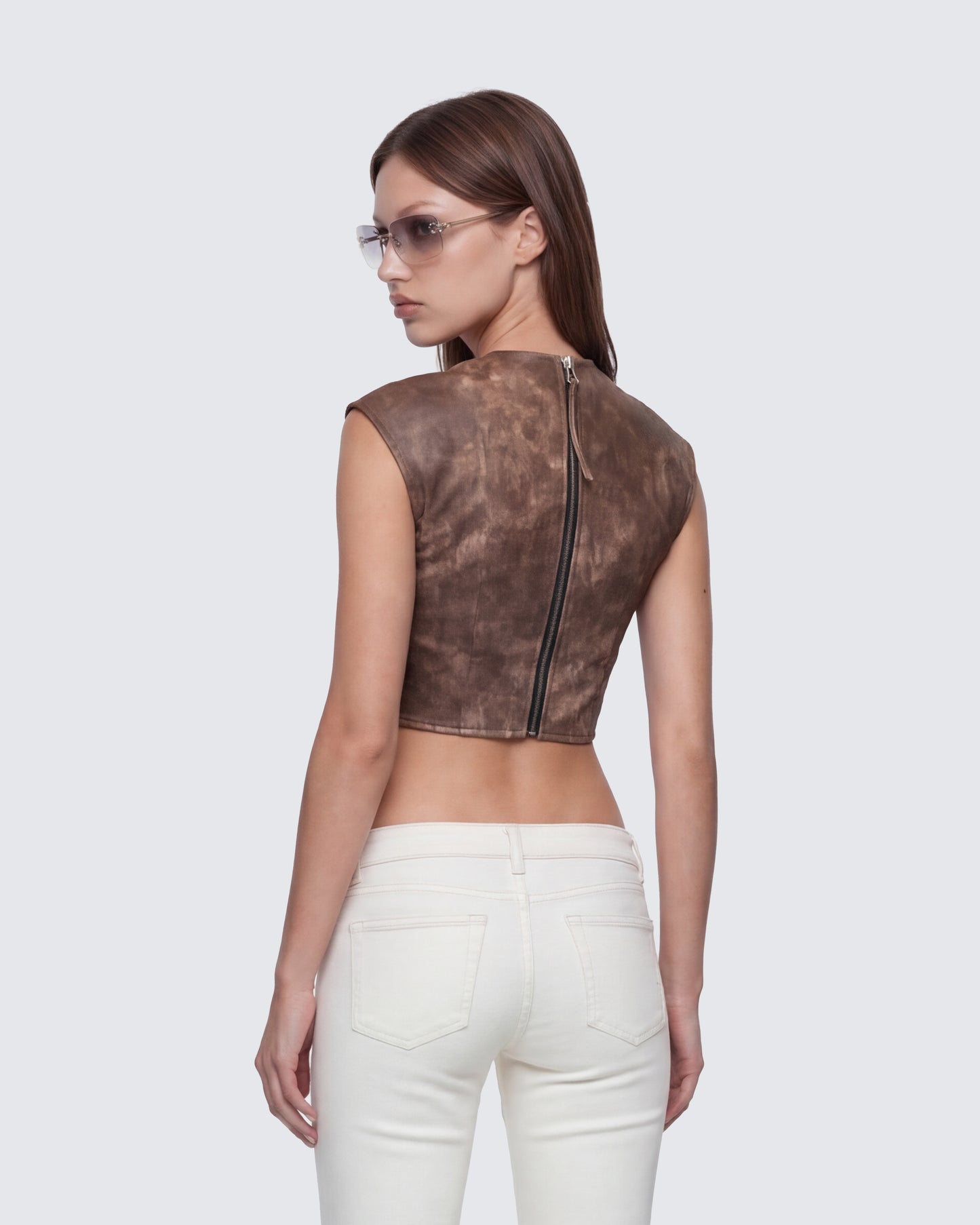 Kano Brown Vegan Leather Cutout Top