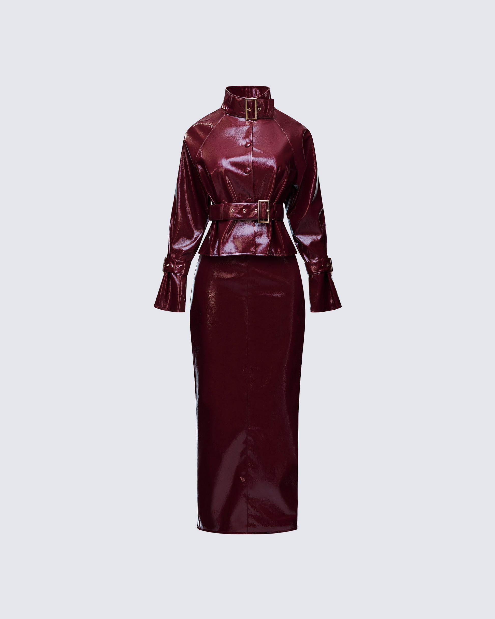 Plum Patent Leather Set - Belted Top & Maxi Skirt FINESSE Plum Patent Leather Set - Belted Top & Maxi Skirt FINESSE