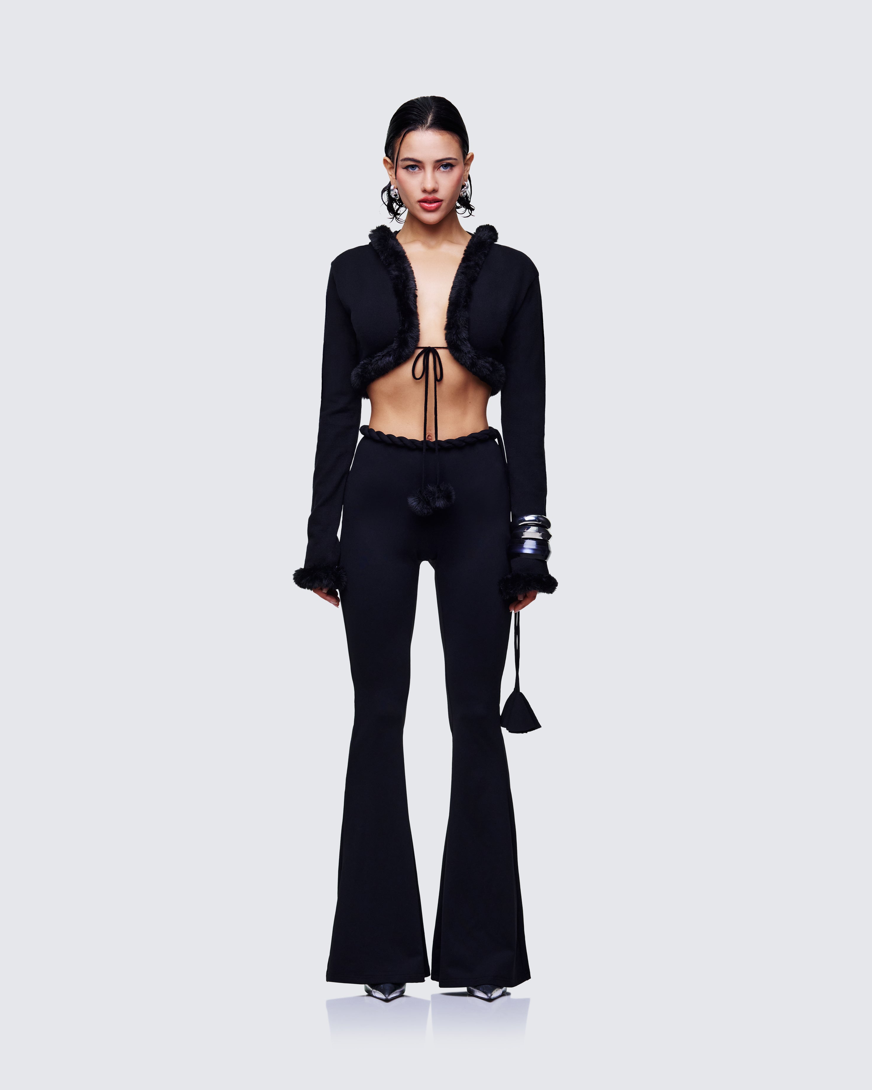 Black Fur Trim Cardigan - Cropped Bow Tie Sweater – FINESSE