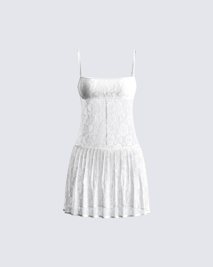 Zera White Lace Pleated Mini Dress