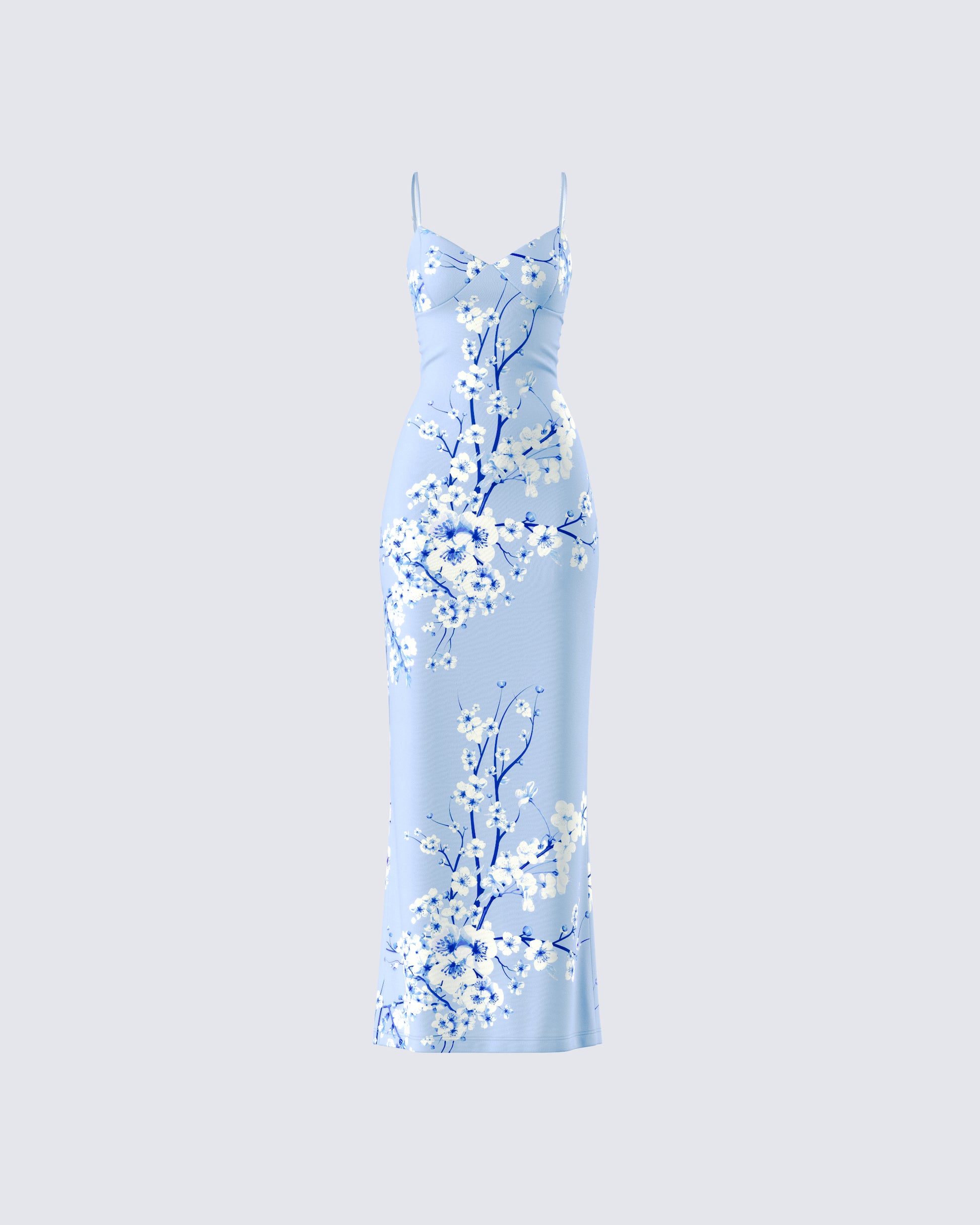 Blue Floral Maxi Dress - Bodycon Spaghetti Strap L Blue Floral Maxi Dress - Bodycon Spaghetti Strap L
