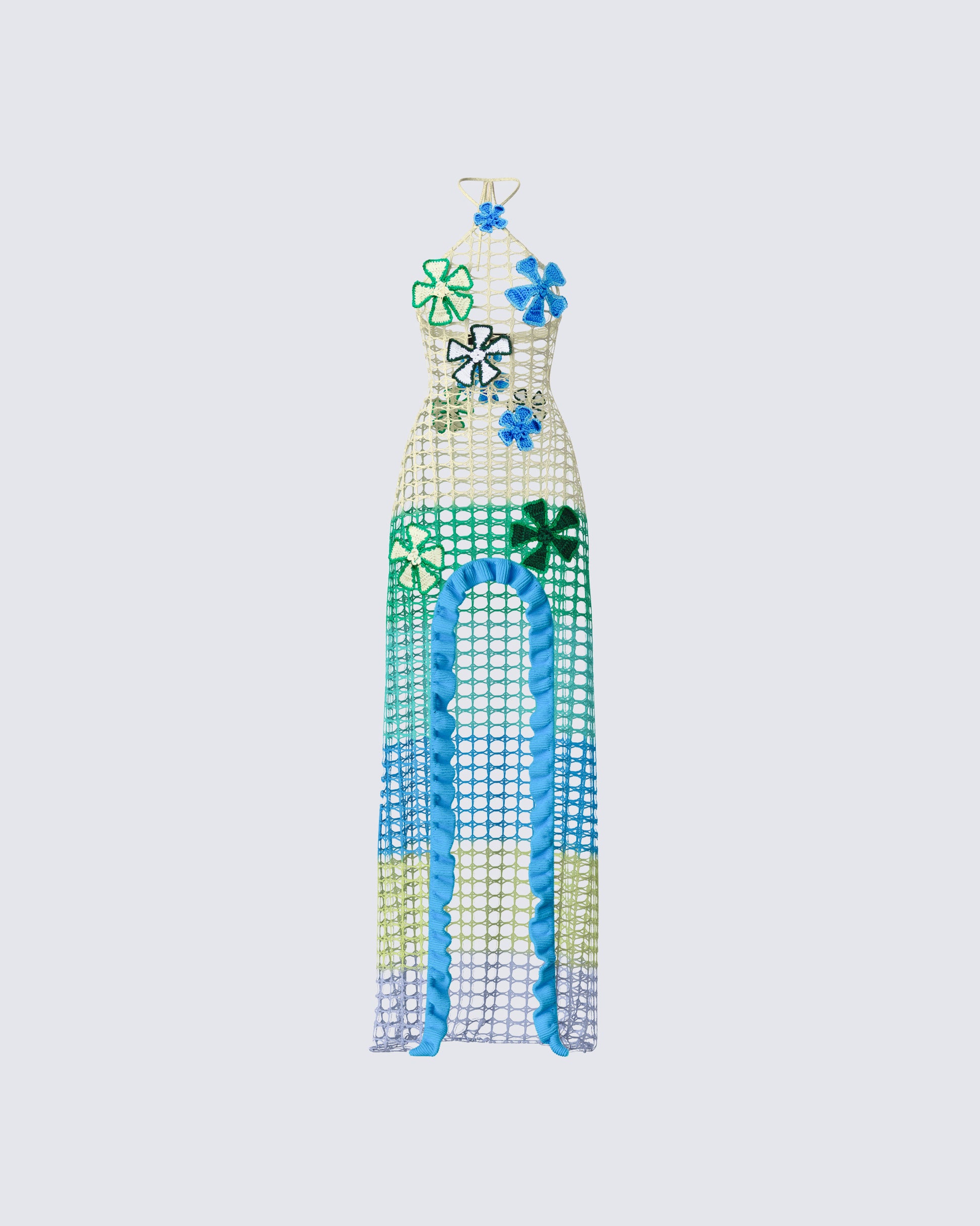 Blue Floral Crochet Maxi Dress - Sheer Halter Tie Waist FINESSE Blue Floral Crochet Maxi Dress - Sheer Halter Tie Waist FINESSE