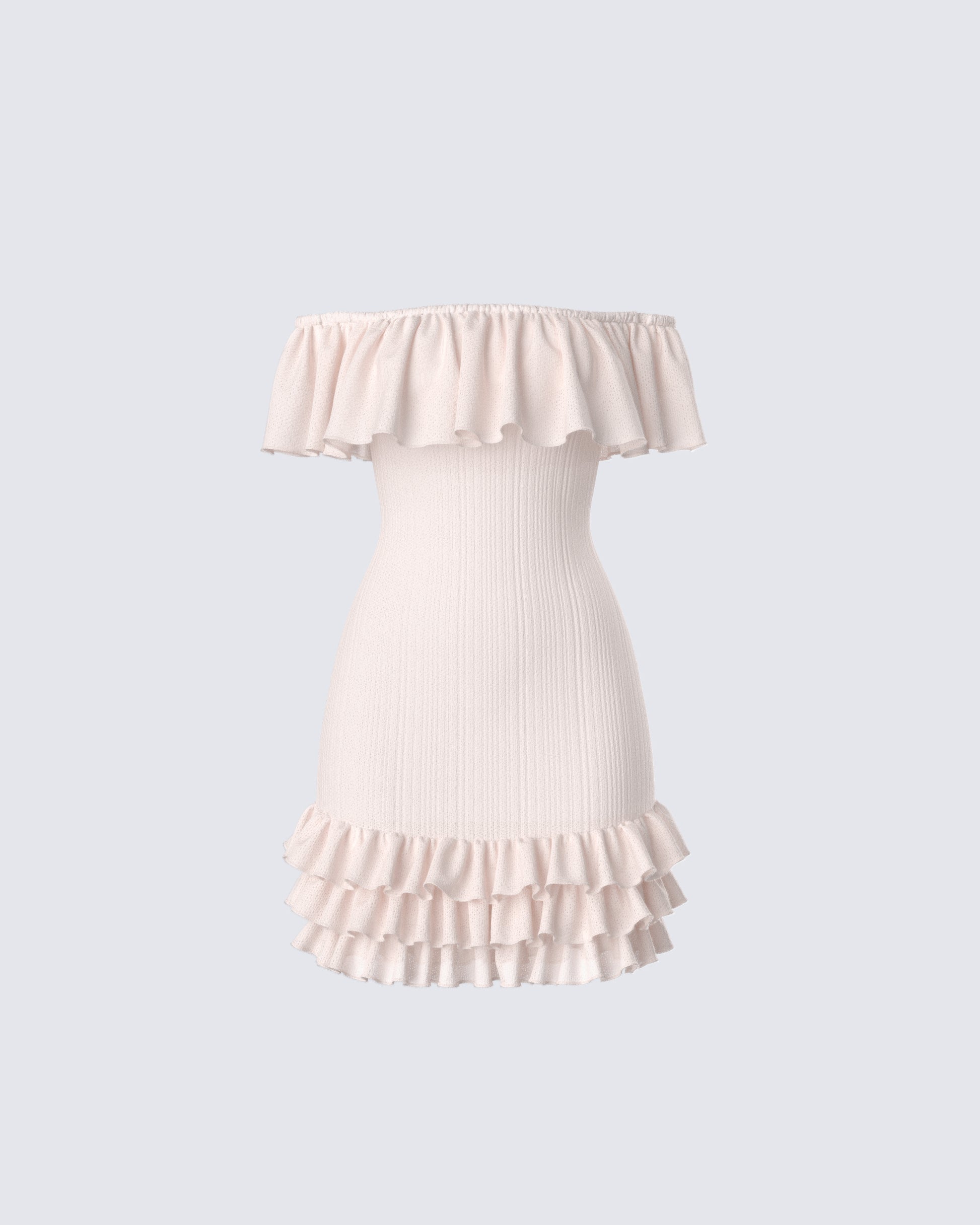 Peach Ribbed Knit Mini Dress - Off Shoulder Ruffle FINESSE Peach Ribbed Knit Mini Dress - Off Shoulder Ruffle FINESSE