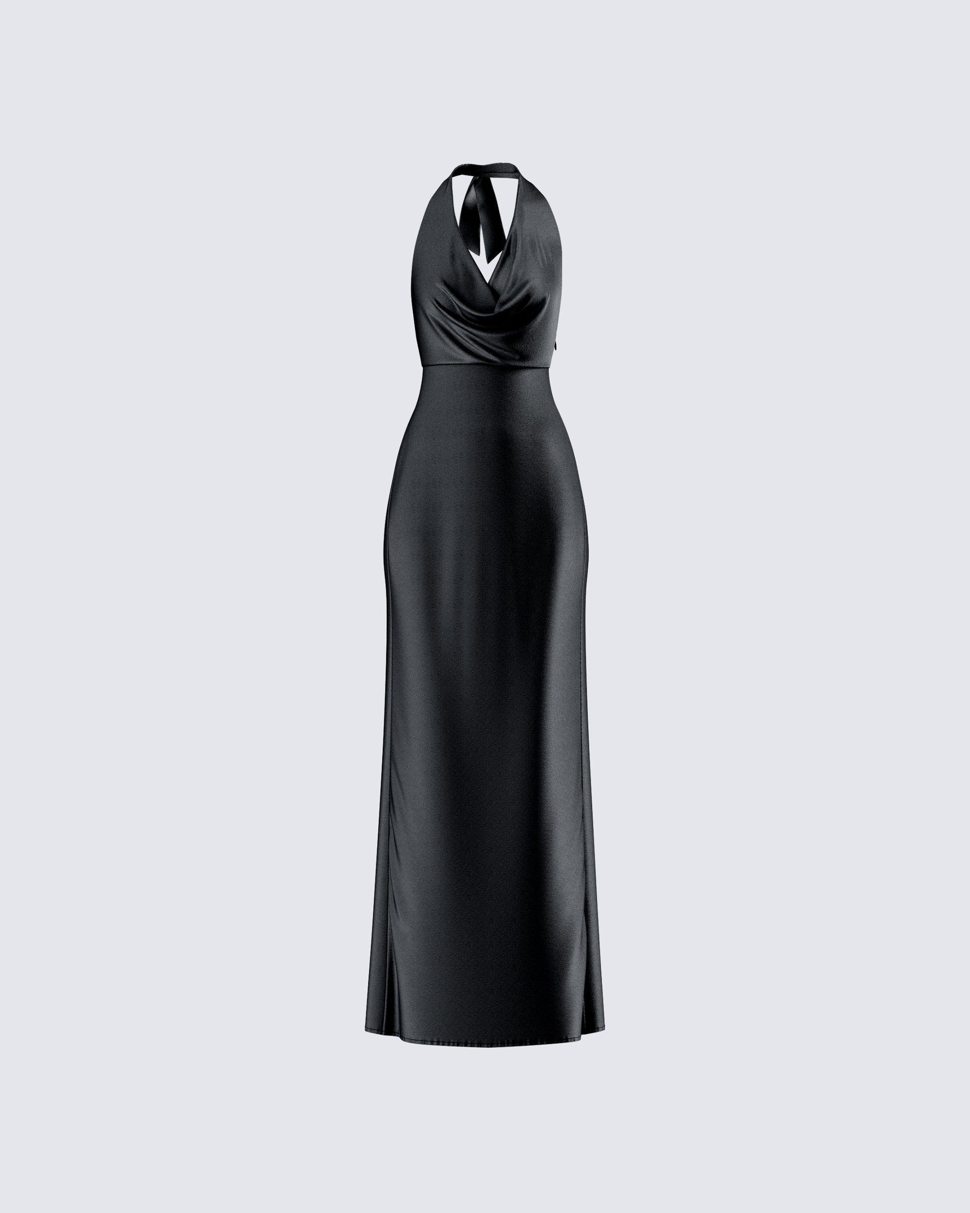 Black Satin Halter Maxi Dress - Cowl Neck Evening Gown FINESSE Black Satin Halter Maxi Dress - Cowl Neck Evening Gown FINESSE