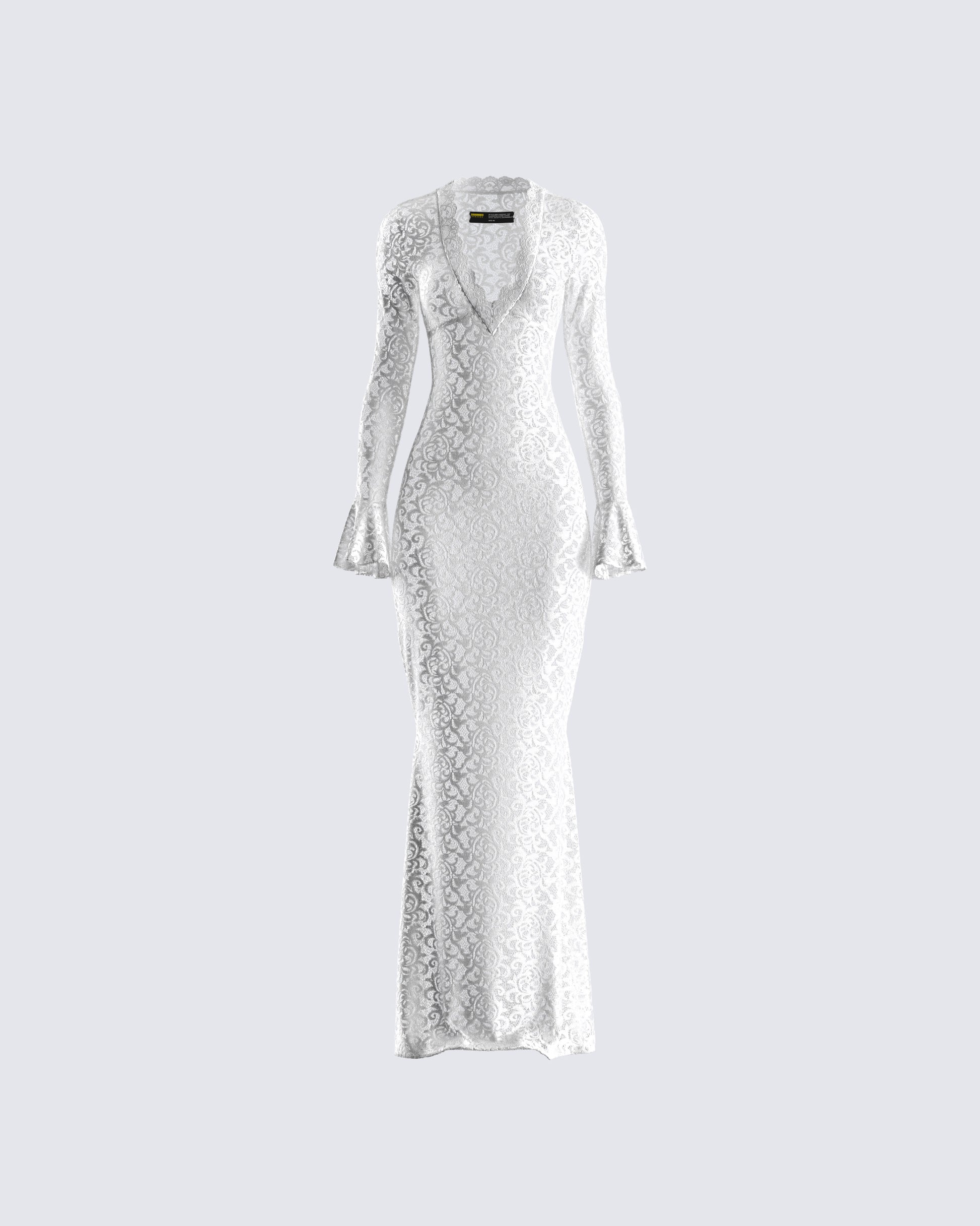 White Lace Maxi Dress - Long Sleeve V-Neck Formal FINESSE White Lace Maxi Dress - Long Sleeve V-Neck Formal FINESSE