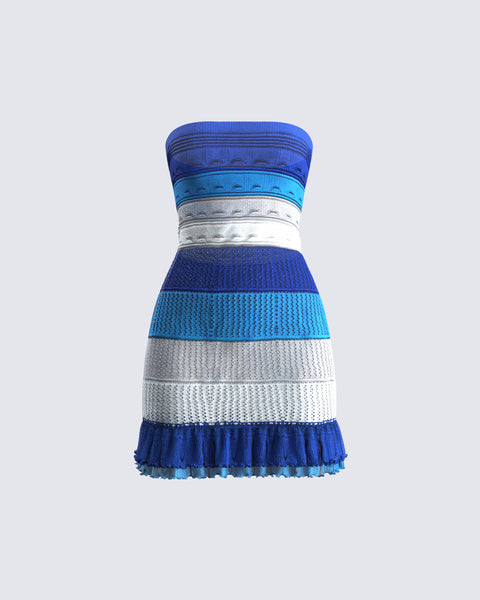 Blue Striped Knit Mini Dress