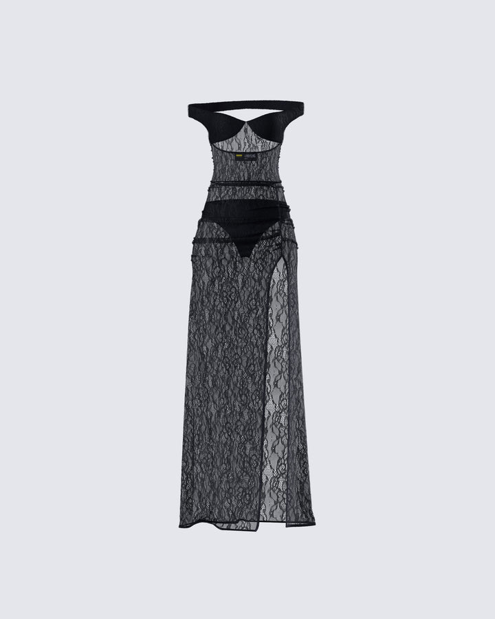Black Lace Maxi Dress - Off Shoulder Bardot Gown FINESSE Black Lace Maxi Dress - Off Shoulder Bardot Gown FINESSE