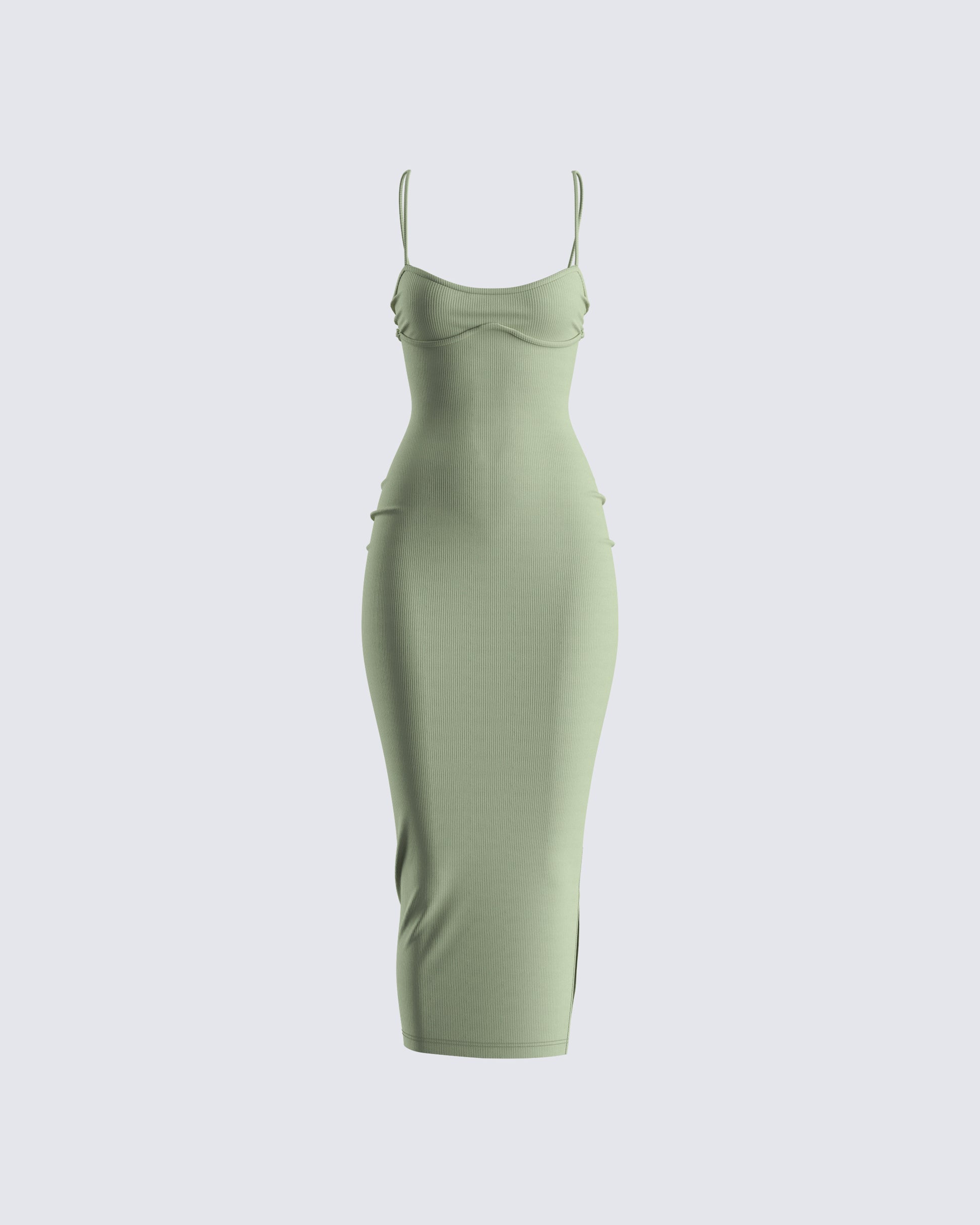 Sage Green Ribbed Midi Dress - Bodycon Ruffle Detail FINESSE Sage Green Ribbed Midi Dress - Bodycon Ruffle Detail FINESSE