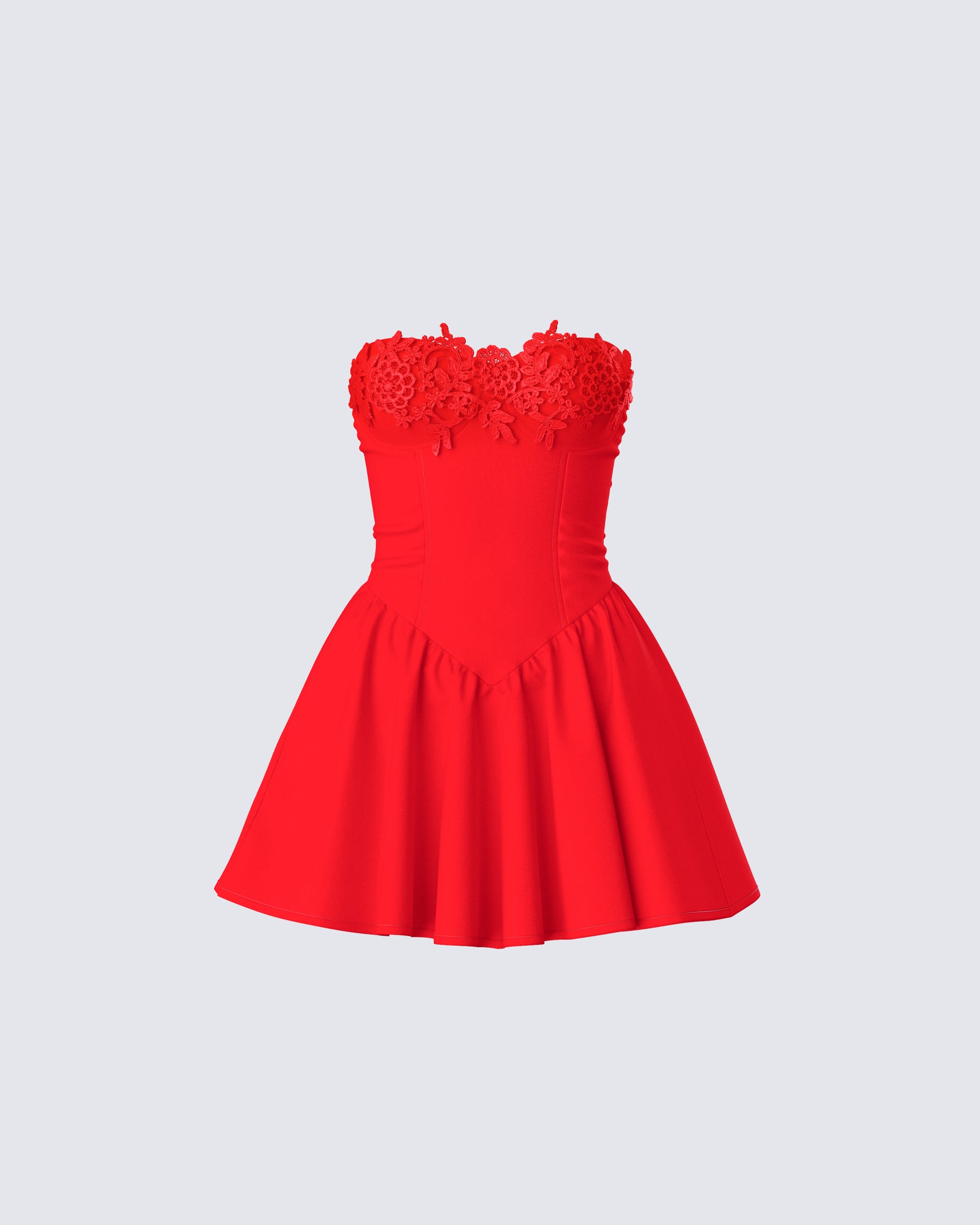 Red Lace Mini Dress - Strapless Flared Party Dress FINESSE Red Lace Mini Dress - Strapless Flared Party Dress FINESSE