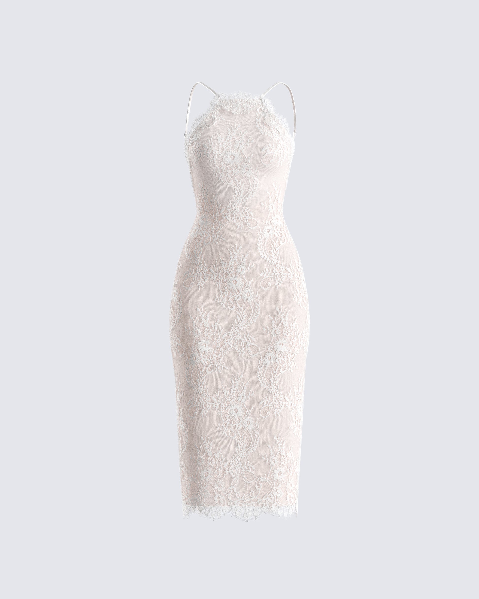 Ivory Lace Midi Dress - Halter Neck Fitted Cocktail FINESSE Ivory Lace Midi Dress - Halter Neck Fitted Cocktail FINESSE