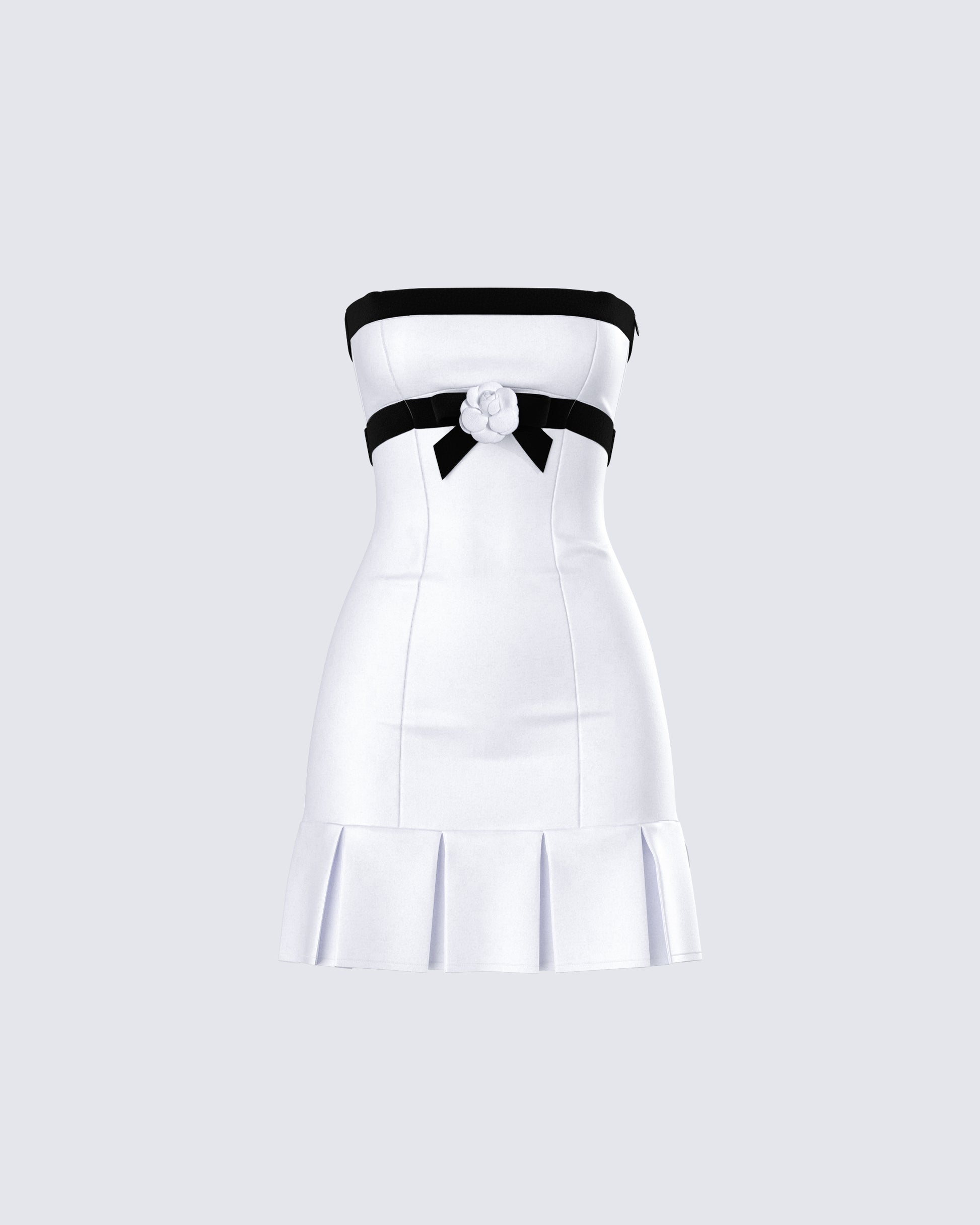 White Strapless Mini Dress - Black Contrast Flared Hem FINESSE White Strapless Mini Dress - Black Contrast Flared Hem FINESSE